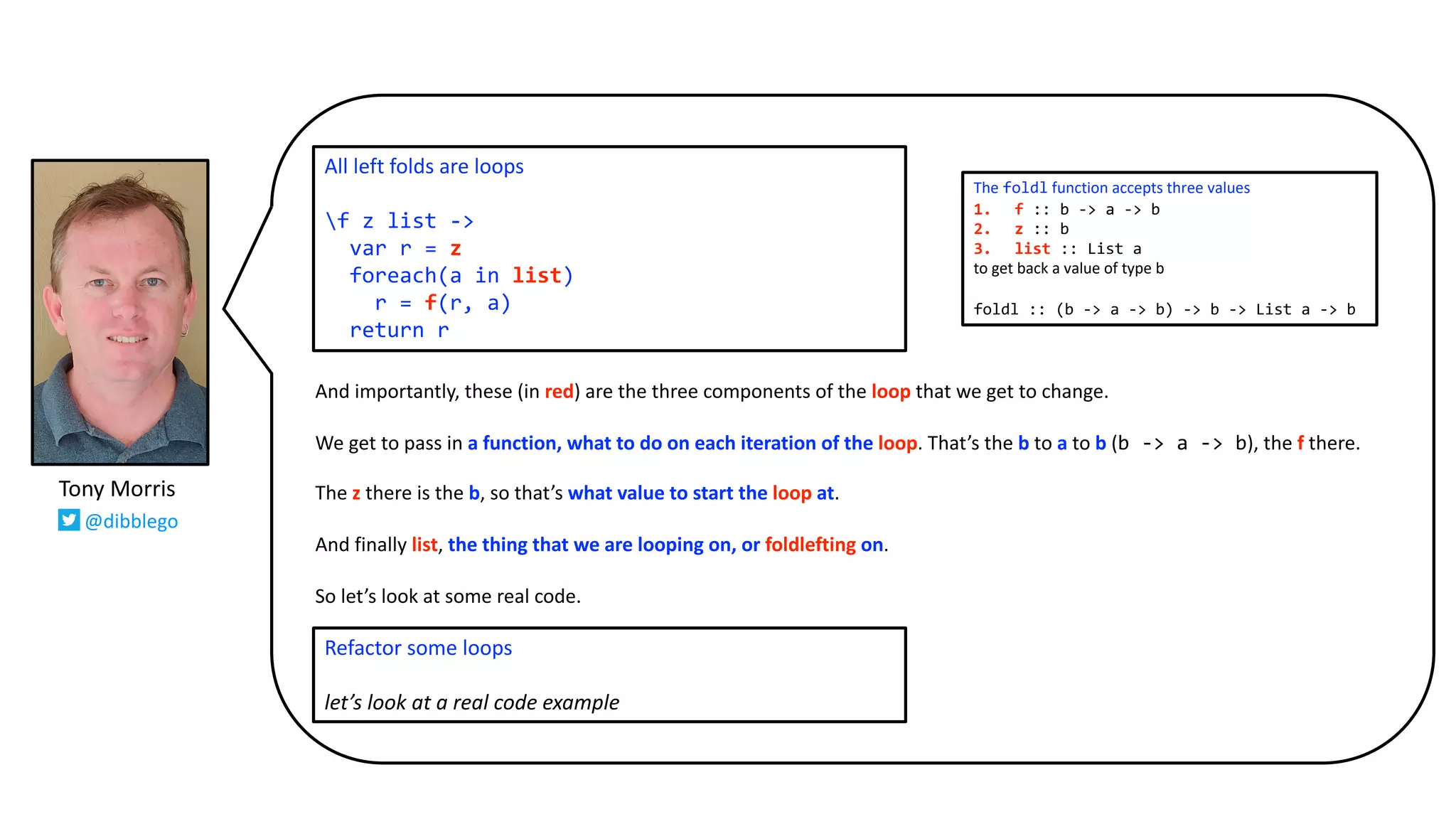 And importantly, these (in red) are the three components of the loop that we get to change.
We get to pass in a function, what to do on each iteration of the loop. That’s the b to a to b (b -> a -> b), the f there.
The z there is the b, so that’s what value to start the loop at.
And finally list, the thing that we are looping on, or foldlefting on.
So let’s look at some real code.
All left folds are loops
f z list ->
var r = z
foreach(a in list)
r = f(r, a)
return r
The foldl function accepts three values
1. f :: b -> a -> b
2. z :: b
3. list :: List a
to get back a value of type b
foldl :: (b -> a -> b) -> b -> List a -> b
Refactor some loops
let’s look at a real code example
Tony Morris
@dibblego
 