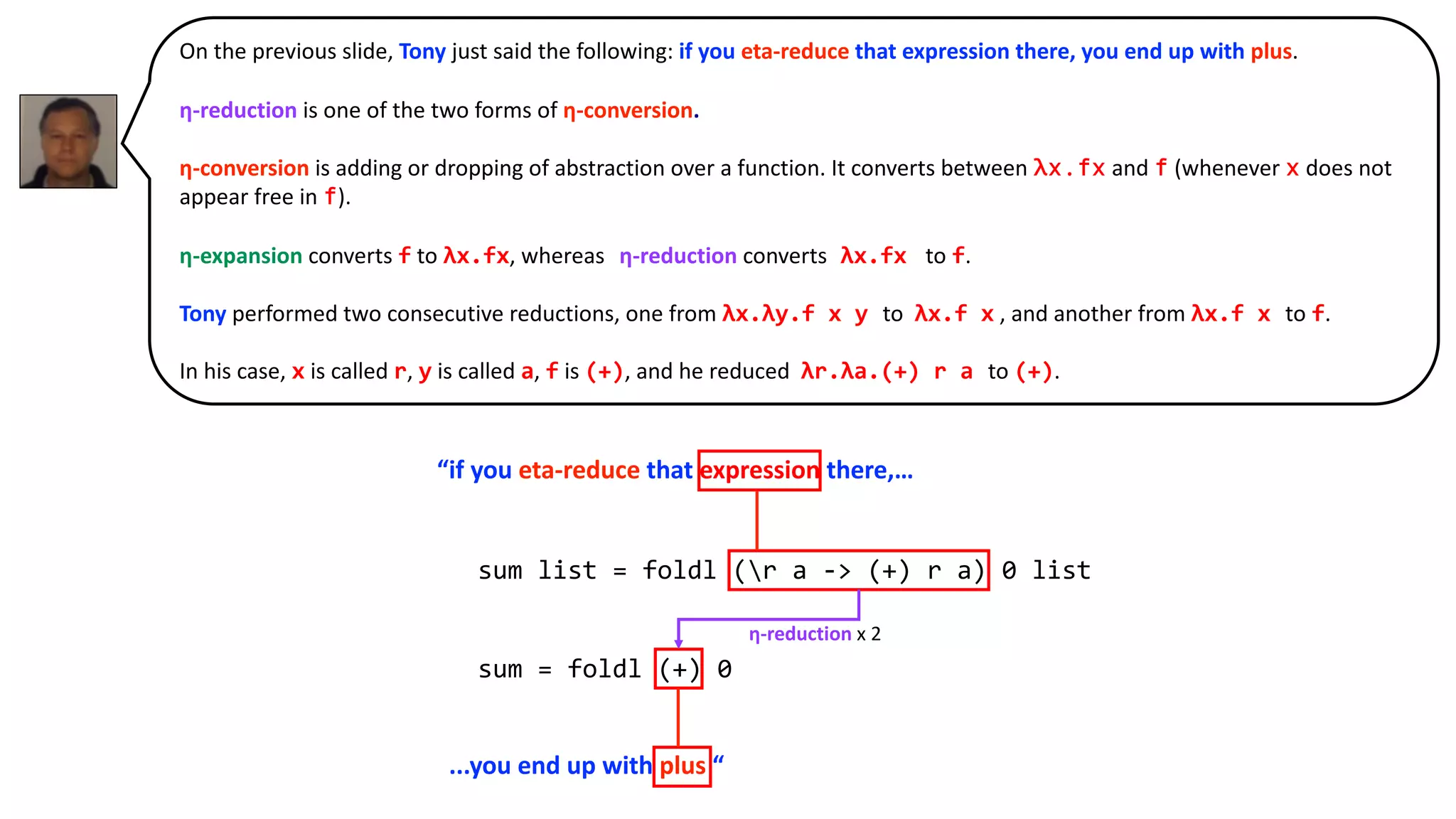 On the previous slide, Tony just said the following: if you eta-reduce that expression there, you end up with plus.
η-reduction is one of the two forms of η-conversion.
η-conversion is adding or dropping of abstraction over a function. It converts between λx.fx and f (whenever x does not
appear free in f).
η-expansion converts f to λx.fx, whereas η-reduction converts λx.fx to f.
Tony performed two consecutive reductions, one from λx.λy.f x y to λx.f x , and another from λx.f x to f.
In his case, x is called r, y is called a, f is (+), and he reduced λr.λa.(+) r a to (+).
sum list = foldl (r a -> (+) r a) 0 list
sum = foldl (+) 0
...you end up with plus “
“if you eta-reduce that expression there,…
η-reduction x 2
 