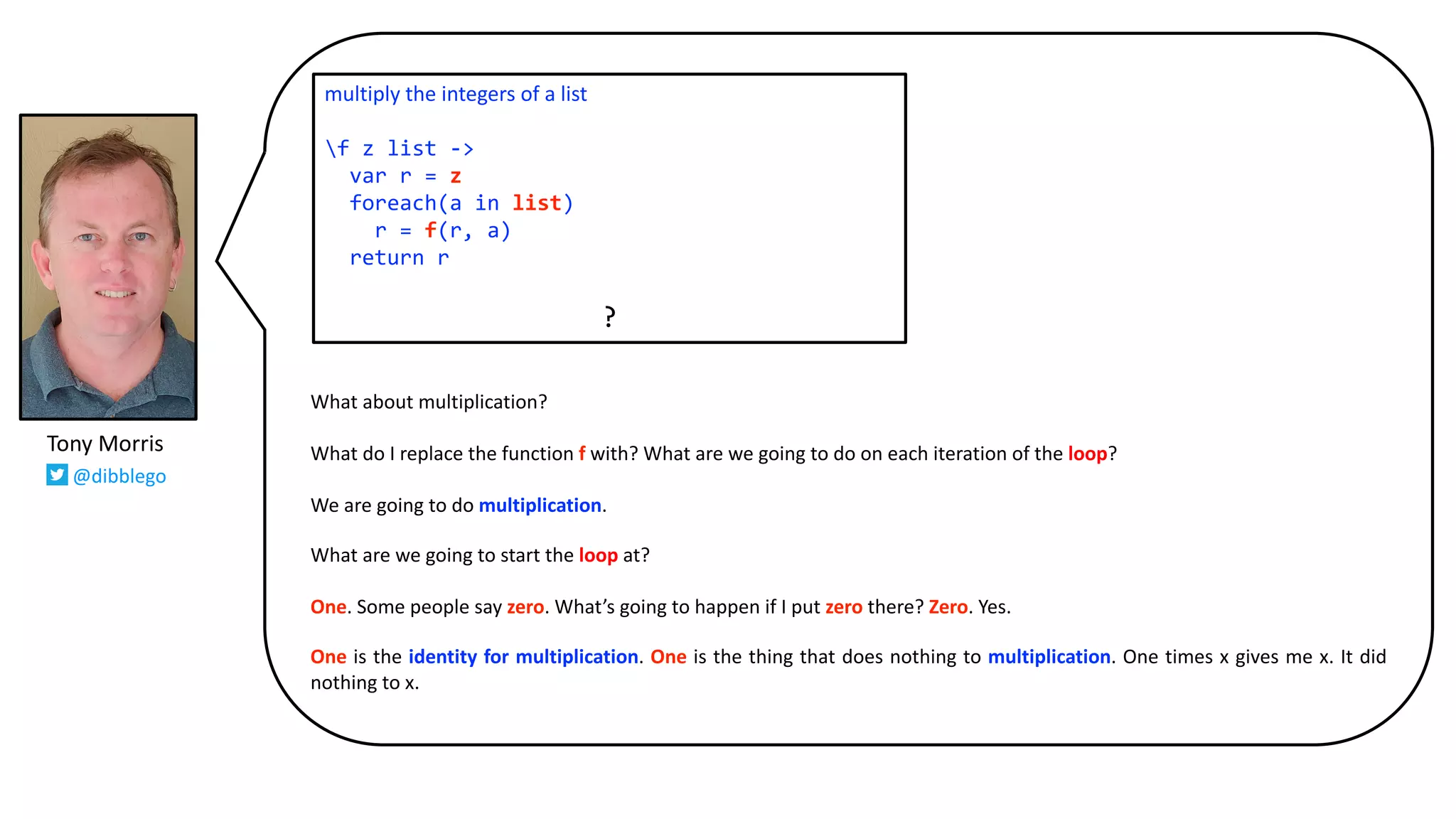 What about multiplication?
What do I replace the function f with? What are we going to do on each iteration of the loop?
We are going to do multiplication.
What are we going to start the loop at?
One. Some people say zero. What’s going to happen if I put zero there? Zero. Yes.
One is the identity for multiplication. One is the thing that does nothing to multiplication. One times x gives me x. It did
nothing to x.
multiply the integers of a list
f z list ->
var r = z
foreach(a in list)
r = f(r, a)
return r
?
Tony Morris
@dibblego
 