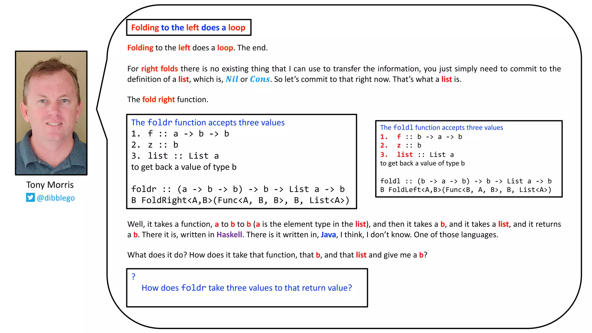 Folding to the left does a loop. The end.
For right folds there is no existing thing that I can use to transfer the information, you just simply need to commit to the
definition of a list, which is, 𝑵𝒊𝒍 or 𝑪𝒐𝒏𝒔. So let’s commit to that right now. That’s what a list is.
The fold right function.
Well, it takes a function, a to b to b (a is the element type in the list), and then it takes a b, and it takes a list, and it returns
a b. There it is, written in Haskell. There is it written in, Java, I think, I don’t know. One of those languages.
What does it do? How does it take that function, that b, and that list and give me a b?
Folding to the left does a loop
The foldr function accepts three values
1. f :: a -> b -> b
2. z :: b
3. list :: List a
to get back a value of type b
foldr :: (a -> b -> b) -> b -> List a -> b
B FoldRight<A,B>(Func<A, B, B>, B, List<A>)
The foldl function accepts three values
1. f :: b -> a -> b
2. z :: b
3. list :: List a
to get back a value of type b
foldl :: (b -> a -> b) -> b -> List a -> b
B FoldLeft<A,B>(Func<B, A, B>, B, List<A>)
?
How does foldr take three values to that return value?
Tony Morris
@dibblego
 
