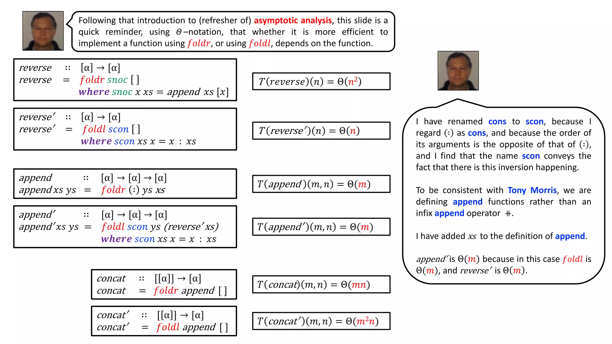 reverse ∷ α → [α]
reverse = 𝑓𝑜𝑙𝑑𝑟 𝑠𝑛𝑜𝑐
𝒘𝒉𝒆𝒓𝒆 𝑠𝑛𝑜𝑐 𝑥 𝑥𝑠 = append 𝑥𝑠 [𝑥]
reverse′ ∷ α → [α]
reverse′ = 𝑓𝑜𝑙𝑑𝑙 𝑠𝑐𝑜𝑛
𝒘𝒉𝒆𝒓𝒆 𝑠𝑐𝑜𝑛 𝑥𝑠 𝑥 = 𝑥 : 𝑥𝑠
T 𝑟𝑒𝑣𝑒𝑟𝑠𝑒 𝑛 = Θ 𝑛2
T reverse′ 𝑛 = Θ 𝑛
concat′ ∷ [ α ] → [α]
concat′ = 𝑓𝑜𝑙𝑑𝑙 append [ ]
𝑇 concat 𝑚, 𝑛 = Θ(𝑚𝑛)
𝑇 concat′ 𝑚, 𝑛 = Θ(𝑚2 𝑛)
append ∷ [α] → [α] → [α]
append 𝑥𝑠 𝑦𝑠 = 𝑓𝑜𝑙𝑑𝑟 ∶ 𝑦𝑠 xs
append′ ∷ [α] → [α] → [α]
append′ 𝑥𝑠 𝑦𝑠 = 𝑓𝑜𝑙𝑑𝑙 𝑠𝑐𝑜𝑛 𝑦𝑠 (reverse′ xs)	
𝒘𝒉𝒆𝒓𝒆 𝑠𝑐𝑜𝑛 𝑥𝑠 𝑥 = 𝑥 : 𝑥𝑠
𝑇 append 𝑚, 𝑛 = Θ(𝑚)
𝑇 append′ 𝑚, 𝑛 = Θ(𝑚)
Following that introduction to (refresher of) asymptotic analysis, this slide is a
quick reminder, using 𝛩 –notation, that whether it is more efficient to
implement a function using 𝑓𝑜𝑙𝑑𝑟, or using 𝑓𝑜𝑙𝑑𝑙, depends on the function.
concat ∷ [ α ] → [α]
concat = 𝑓𝑜𝑙𝑑𝑟 append [ ]
I have renamed cons to scon, because I
regard ∶ as cons, and because the order of
its arguments is the opposite of that of ∶ ,
and I find that the name scon conveys the
fact that there is this inversion happening.
To be consistent with Tony Morris, we are
defining append functions rather than an
infix append operator ⧺.
I have added xs to the definition of append.
append′ is Θ(𝑚) because in this case 𝑓𝑜𝑙𝑑𝑙 is
Θ(𝑚), and reverse′ is Θ 𝑚 .
 