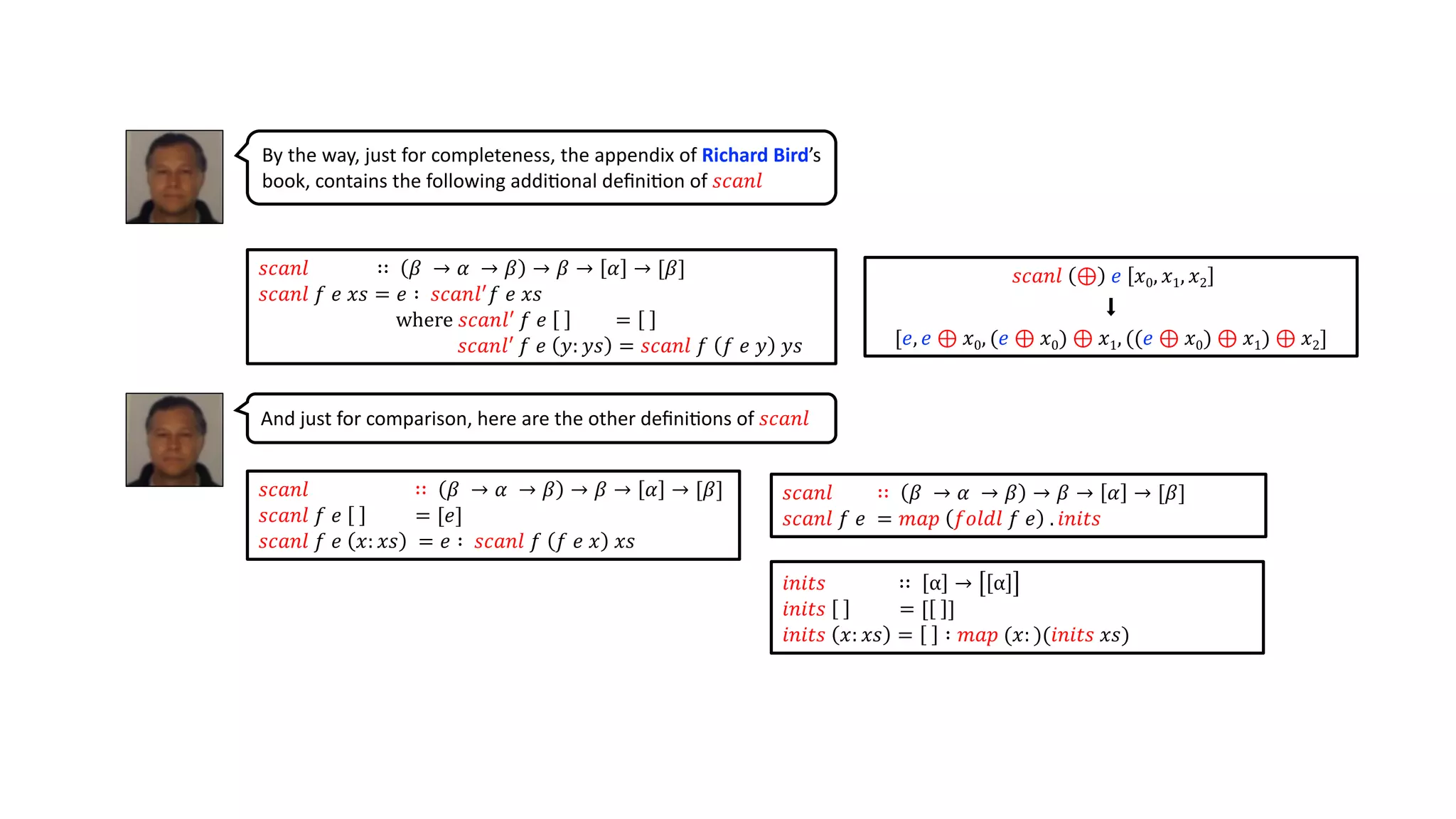𝑠𝑐𝑎𝑛𝑙 ∷ 𝛽 → 𝛼 → 𝛽 → 𝛽 → 𝛼 → [𝛽]
𝑠𝑐𝑎𝑛𝑙 𝑓 𝑒 𝑥𝑠 = 𝑒 ∶ 𝑠𝑐𝑎𝑛𝑙'
𝑓 𝑒 𝑥𝑠
where 𝑠𝑐𝑎𝑛𝑙'
𝑓 𝑒 =
𝑠𝑐𝑎𝑛𝑙'
𝑓 𝑒 𝑦: 𝑦𝑠 = 𝑠𝑐𝑎𝑛𝑙 𝑓 𝑓 𝑒 𝑦 𝑦𝑠
𝑠𝑐𝑎𝑛𝑙 ∷ 𝛽 → 𝛼 → 𝛽 → 𝛽 → 𝛼 → [𝛽]
𝑠𝑐𝑎𝑛𝑙 𝑓 𝑒 = [𝑒]
𝑠𝑐𝑎𝑛𝑙 𝑓 𝑒 𝑥: 𝑥𝑠 = 𝑒 ∶ 𝑠𝑐𝑎𝑛𝑙 𝑓 𝑓 𝑒 𝑥 𝑥𝑠
𝑠𝑐𝑎𝑛𝑙 ⊕ 𝑒 𝑥0, 𝑥1, 𝑥2
⬇
[𝑒, 𝑒 ⊕ 𝑥0, (𝑒 ⊕ 𝑥0) ⊕ 𝑥1, ((𝑒 ⊕ 𝑥0) ⊕ 𝑥1) ⊕ 𝑥2]
By the way, just for completeness, the appendix of Richard Bird’s
book, contains the following addi@onal deﬁni@on of 𝑠𝑐𝑎𝑛𝑙
And just for comparison, here are the other deﬁni@ons of 𝑠𝑐𝑎𝑛𝑙
𝑖𝑛𝑖𝑡𝑠 ∷ α → α
𝑖𝑛𝑖𝑡𝑠 = [ ]
𝑖𝑛𝑖𝑡𝑠 𝑥: 𝑥𝑠 = ∶ 𝑚𝑎𝑝 (𝑥: )(𝑖𝑛𝑖𝑡𝑠 𝑥𝑠)
𝑠𝑐𝑎𝑛𝑙 ∷ 𝛽 → 𝛼 → 𝛽 → 𝛽 → 𝛼 → [𝛽]
𝑠𝑐𝑎𝑛𝑙 𝑓 𝑒 = 𝑚𝑎𝑝 𝑓𝑜𝑙𝑑𝑙 𝑓 𝑒 . 𝑖𝑛𝑖𝑡𝑠
 