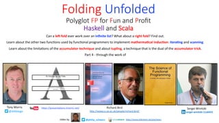 Can a le# fold ever work over an inﬁnite list? What about a right fold? Find out.
Learn about the other two func8ons used by func8onal programmers to implement matherma2cal induc2on: itera2ng and scanning.
Learn about the limita8ons of the accumulator technique and about tupling, a technique that is the dual of the accumulator trick.
Part 4 - through the work of
Folding Unfolded
Polyglot FP for Fun and Proﬁt
Haskell and Scala
@philip_schwarzslides by h"ps://www.slideshare.net/pjschwarz
Richard Bird
h*p://www.cs.ox.ac.uk/people/richard.bird/
Tony Morris
@dibblego
h*ps://presenta9ons.tmorris.net/ Sergei Winitzki
sergei-winitzki-11a6431
 
