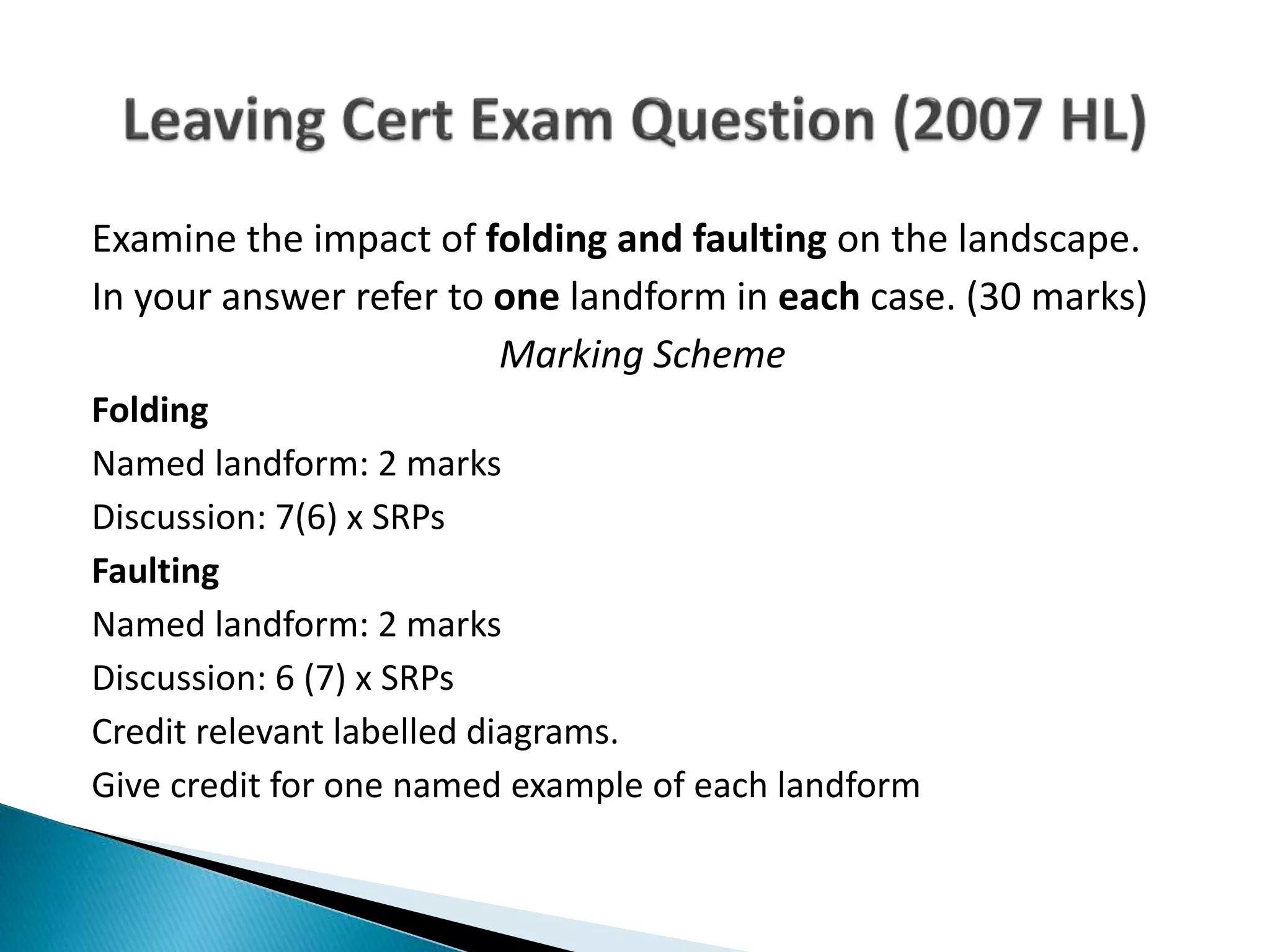 Examine the impact of folding and faulting on the landscape.
In your answer refer to one landform in each case. (30 marks)
Marking Scheme
Folding
Named landform: 2 marks
Discussion: 7(6) x SRPs
Faulting
Named landform: 2 marks
Discussion: 6 (7) x SRPs
Credit relevant labelled diagrams.
Give credit for one named example of each landform
 