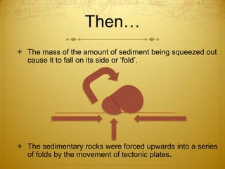 Then…
 The mass of the amount of sediment being squeezed out
  cause it to fall on its side or ‘fold’.




 The sedimentary rocks were forced upwards into a series
  of folds by the movement of tectonic plates.
 