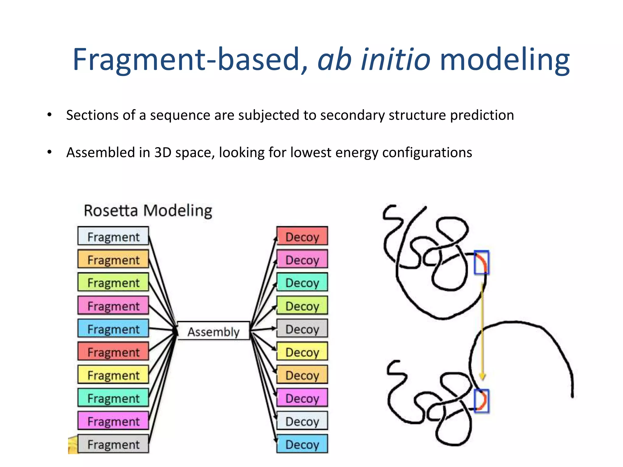 Fragment-based, ab initio modeling
• Sections of a sequence are subjected to secondary structure prediction
• Assembled in 3D space, looking for lowest energy configurations
 