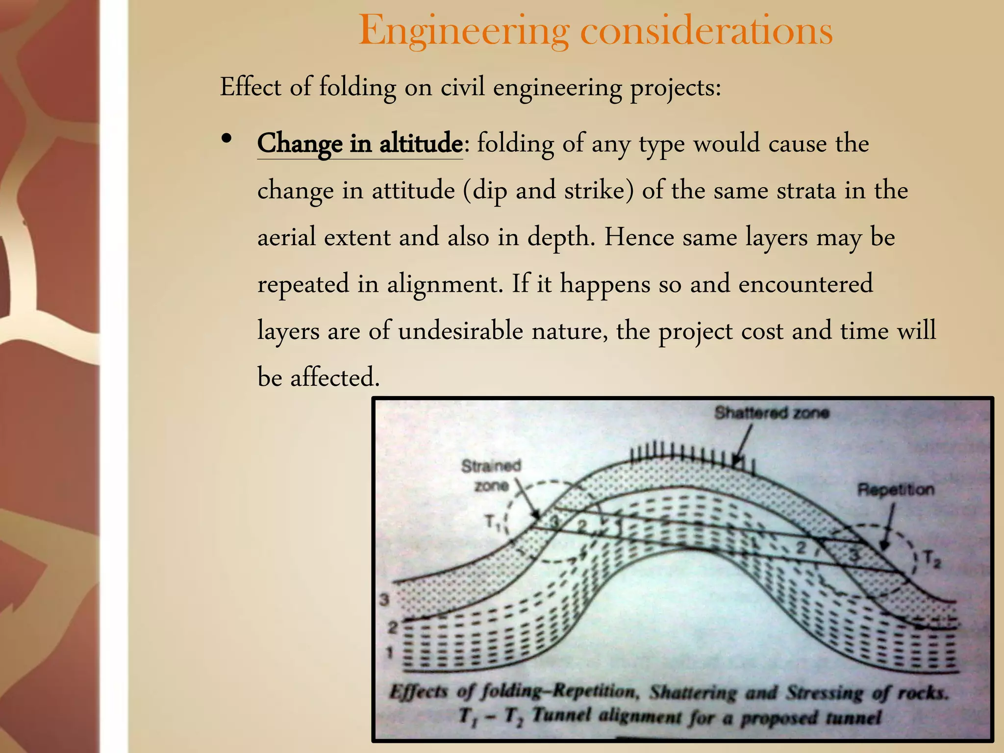 Engineering considerations 
Effect of folding on civil engineering projects: 
•Change in altitude: folding of any type would cause the change in attitude (dip and strike) of the same strata in the aerial extent and also in depth. Hence same layers may be repeated in alignment. If it happens so and encountered layers are of undesirable nature, the project cost and time will be affected.  