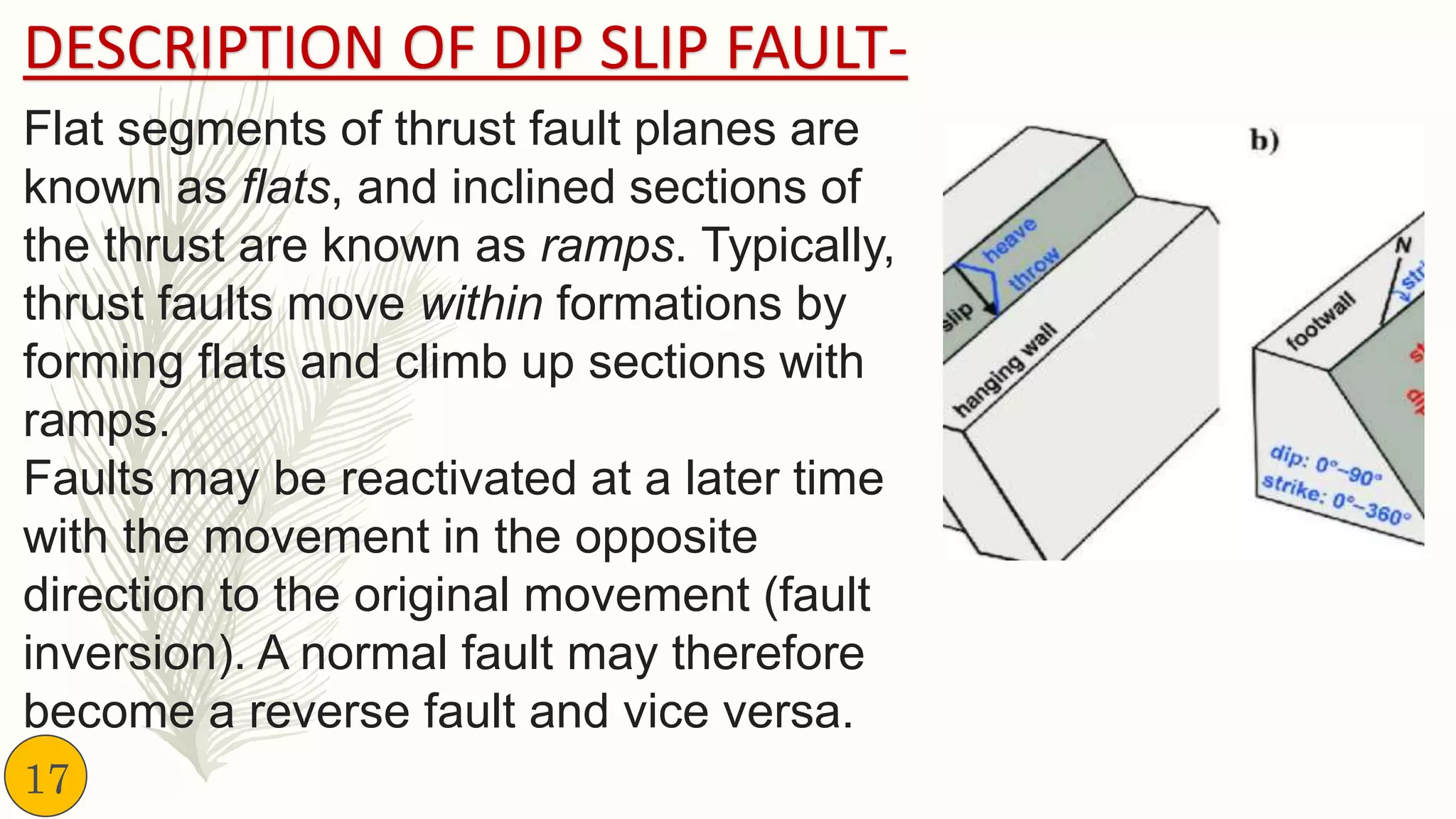 DESCRIPTION OF DIP SLIP FAULT-
Flat segments of thrust fault planes are
known as flats, and inclined sections of
the thrust are known as ramps. Typically,
thrust faults move within formations by
forming flats and climb up sections with
ramps.
Faults may be reactivated at a later time
with the movement in the opposite
direction to the original movement (fault
inversion). A normal fault may therefore
become a reverse fault and vice versa.
17
 
