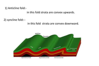 1) Anticline fold:-
in this fold strata are convex upwards.
2) syncline fold:--
in this fold strata are convex downward.
 