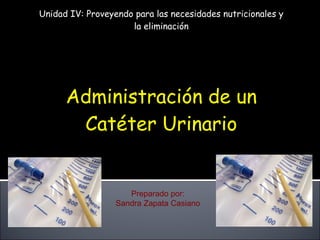 Unidad IV: Proveyendo para las necesidades nutricionales y la eliminación Administración de un Catéter Urinario Preparado por: Sandra Zapata Casiano 
