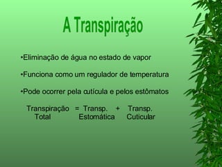 Eliminação de água no estado de vapor Funciona como um regulador de temperatura Pode ocorrer pela cutícula e pelos estômatos  Transpiração  =  Transp.  +  Transp. Total  Estomática  Cuticular A Transpiração 
