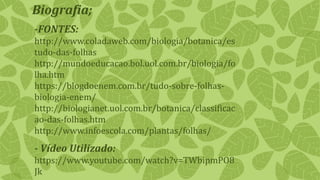 Biografia;
-FONTES:
http://www.coladaweb.com/biologia/botanica/es
tudo-das-folhas
http://mundoeducacao.bol.uol.com.br/biologia/fo
lha.htm
https://blogdoenem.com.br/tudo-sobre-folhas-
biologia-enem/
http://biologianet.uol.com.br/botanica/classificac
ao-das-folhas.htm
http://www.infoescola.com/plantas/folhas/
- Vídeo Utilizado:
https://www.youtube.com/watch?v=TWbipmPO8
Jk
 