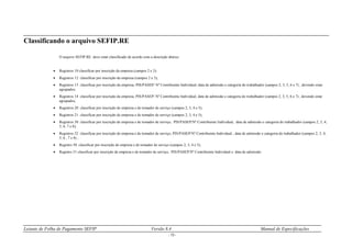 Leiaute de Folha de Pagamento SEFIP Versão 8.4 Manual de Especificações
- 13 -
Classificando o arquivo SEFIP.RE
O arquivo SEFIP.RE deve estar classificado de acordo com a descrição abaixo:
 Registros 10 classificar por inscrição da empresa (campos 2 e 3);
 Registros 12 classificar por inscrição da empresa (campos 2 e 3);
 Registros 13 classificar por inscrição da empresa; PIS/PASEP/ Nº Contribuinte Individual; data de admissão e categoria do trabalhador (campos 2, 3, 5, 6 e 7) , devendo estar
agrupados;
 Registros 14 classificar por inscrição da empresa, PIS/PASEP/ Nº Contribuinte Individual, data de admissão e categoria do trabalhador (campos 2, 3, 5, 6 e 7) , devendo estar
agrupados;
 Registros 20 classificar por inscrição de empresa e de tomador de serviço (campos 2, 3, 4 e 5);
 Registros 21 classificar por inscrição de empresa e de tomador de serviço (campos 2, 3, 4 e 5);
 Registros 30 classificar por inscrição de empresa e de tomador de serviço, PIS/PASEP/Nº Contribuinte Individual, data de admissão e categoria do trabalhador (campos 2, 3, 4;
5, 6, 7 e 8);
 Registros 32 classificar por inscrição de empresa e de tomador de serviço, PIS/PASEP/Nº Contribuinte Individual , data de admissão e categoria do trabalhador (campos 2, 3, 4;
5, 6 , 7 e 8) ;
 Registro 50 classificar por inscrição de empresa e de tomador de serviço (campos 2, 3, 4 e 5);
 Registro 51 classificar por inscrição de empresa e de tomador de serviço, PIS/PASEP/Nº Contribuinte Individual e data de admissão.
 