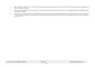Leiaute de Folha de Pagamento SEFIP Versão 8.4 Manual de Especificações
- 16 -
4. Para os códigos de recolhimento 130, 135 e 608, o CNPJ/CEI do tomador de serviço também integra a chave, além do CNPJ/CEI do empregador/contribuinte, da competência, do
FPAS e do código de recolhimento.
5. Para o código de recolhimento 650, o número do processo, a vara e o período também compõem a chave, além do CNPJ/CEI do empregador/contribuinte, da competência, do FPAS
e do código de recolhimento.
6. É possível haver mais de um arquivo SEFIP na mesma competência, para o empregador/contribuinte, desde que sejam diferentes os códigos de recolhimento ou FPAS ou CNPJ/CEI
do tomador de serviço ou número do processo/vara/período, ou seja, desde que sejam chaves diferentes e, também, quando se tratar de códigos exclusivos do FGTS e competências
anteriores a 01/1999.
 