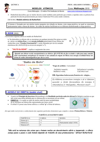 QUÍMICA PROF.: RIKARDO COIMBRA
MODELOS ATÔMICOS Curso MotivAÇÃO 2010
Curso Motivação – O melhor Pré-Vestibular do Mundo www.curso-motivacao.blogspot.com
 Rutherford desconfiou que no núcleo deveria existir também outra partícula que evitaria a repulsão entre os prótons.Essa
partícula foi descrita posteriormente por James Chadwick(1932) como sendo o nêutron.
EM SUMA: Modelo atômico de Rutherford
O átomo é formado por um núcleo muito pequeno em relação ao átomo, com carga positiva, no qual se concentra
praticamente toda a massa do átomo. Ao redor do núcleo localizam-se os elétrons neutralizando a carga positiva.
4-BOHR (1913)
-Acrescentou algumas idéias ao modelo de Rutherford:
 Na eletrosfera os elétrons não se encontram em qualquer posição.Eles giram ao redor
do núcleo em órbitas fixas e com energia definida(quantizadas).Essas órbitas são
conhecidas como “Estados Estacionários” e serão chamadas por nós de camadas
eletrônicas (K,L,M,N,O,P,Q) ou níveis de energia(1 a 7).
 “SALTO de BOHR” – explica o surgimento das cores.
Quando um elétron recebe energia(térmica ou elétrica- QUANTUM) ele fica excitado e salta para uma camada
mais externa(mais energética)e ao retornar à sua camada de origem ele libera essa energia recebida(Fóton) em
forma de ondas eletromagnéticas que são as cores.
*Fogos de artifício : Curiosidade!
Na(Sódio)=amarelo; Sr(Estrôncio)=vermelho;
Ba(Bário)=verde; Cu(Cobre)=azul
OB. Figurinhas fosforescente,Ponteiros de relógios...
Os elétrons acumulam energia e só a liberam
quando a fonte fornecedora de energia é
retirada(luz é ‘desligada)....Maneiro aew!!!
5-MODELO DO ORBITAL (modelo atual)
 A partir do Princípio da Incerteza (Heinsenberg) e da Dualidade partícula-onda do elétron(De Bröglie) concluiu-se que
não existe uma órbita definida para os elétrons,eles se encontram em um orbital.
 ORBITAL= é a região ao redor do núcleo onde há maior probabilidade
de se encontrar um elétron.São representados por letras s,p,d,f.
 O orbital „s‟ possui uma forma esférica e o orbital „p‟ a forma de halteres..
Até aqui então você já tem o conhecimento das seguintes partículas elementares que compões o átomo:Próton,Elétron e Nêutron.
PARTÍCULAS ELEMENTARES
“Não está na natureza das coisas que o homem realize um descobrimento súbito e inesperado; a ciência
avança passo a passo e cada homem depende do trabalho de seus predecessores.” (Ernest Rutherford)
PARTÍCULA CARGA MASSA
Próton (p+) +1 1
Elétron (e-
) -1 Praticamente nula(1/1836)
Nêutron (n0
) 0 1
 