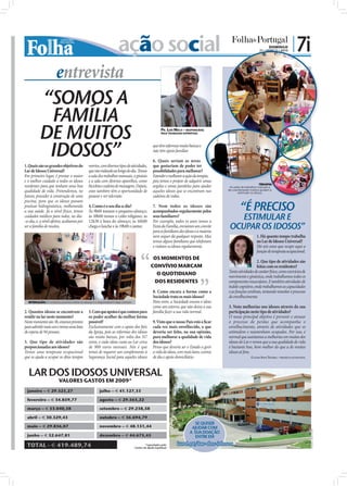 ação social                                                                                           DOMINGO
                                                                                                                                                                21 • MARÇO • 2010
                                                                                                                                                                                           | 7i
            entrevista
          “SOMOS A
           FAMÍLIA
          DE MUITOS                                                                                 PR. LUÍS MECA – RESPONSÁVEL
                                                                                                    PELO TRABALHO ESPIRITUAL




           IDOSOS”                                                                           que têm reformas muito baixas e
                                                                                             não têm apoio familiar.

                                                                                             6. Quais seriam as áreas
1. Quais são os grandes objetivos do         mortos, com diversos tipos de atividades,       que gostariam de poder ter
Lar de Idosos Universal?                     que vão rodando ao longo do dia. Temos          possibilidades para melhorar?
Em primeiro lugar, é prestar o maior         a sala dos trabalhos manuais, o ginásio         Estender e melhorar a ação da terapia,
e o melhor cuidado a todos os idosos         e a sala com diversos aparelhos, como           pois temos o projeto de adquirir umas
                                                                                                                                                                 TERAPIA:
residentes para que tenham uma boa           bicicleta e cadeira de massagem. Depois,        argolas e umas paralelas para ajudar         As salas de trabalhos manuais e
qualidade de vida. Pretendemos, no           estes também têm a oportunidade de              aqueles idosos que se encontram nas         de coordenação motora ajudam a
                                                                                                                                                estimular os idosos
futuro, proceder à construção de uma         passear e ver televisão.                        cadeiras de rodas.
piscina, para que os idosos possam
praticar hidroginástica, melhorando
a sua saúde. Já a nível físico, temos
                                             4. Como é o seu dia-a-dia?
                                             Às 9h00 tomam o pequeno-almoço;
                                                                                             7. Nem todos os idosos são
                                                                                             acompanhados regularmente pelos                     “É PRECISO
cuidados médicos para todos, no dia-
-a-dia, e, a nível afetivo, acabamos por
                                             às 10h00 temos o culto religioso; às
                                             12h30 é hora do almoço; às 16h00
                                                                                             seus familiares?
                                                                                             Por exemplo, todos os anos temos a
                                                                                                                                             ESTIMULAR E
ser a família de muitos.                     chega o lanche e às 19h00 o jantar.             Festa da Família, enviamos um convite
                                                                                             para os familiares dos idosos e a maioria
                                                                                                                                          OCUPAR OS IDOSOS”
                                                                                             nem sequer dá qualquer resposta. Mas                            1. Há quanto tempo trabalha
                                                                                             temos alguns familiares que telefonam                           no Lar de Idosos Universal?
                                                                                             e visitam os idosos regularmente.                               Há seis anos que ocupo aqui a
                                                                                                                                                             função de terapeuta ocupacional.
                                                                                             OS MOMENTOS DE
                                                                                                                                                            2. Que tipo de atividades são
                                                                                            CONVÍVIO MARCAM                                                 feitas com os residentes?
                                                                                                                                         Tanto atividades de caráter físico, como exercícios de
                                                                                              O QUOTIDIANO                               movimento e ginástica, onde trabalhamos todos os
                                                                                             DOS RESIDENTES                              componentes musculares. E também atividades de
                                                                                                                                         índole cognitivo, onde trabalhamos as capacidades
                                                                                             8. Como encara a forma como a               e as funções cerebrais, tentando retardar o processo
                                                                                             Sociedade trata os mais idosos?             de envelhecimento.
  INTERAÇÃO: O contacto próximo entre os idosos e o responsável é algo comum                 Para mim, a Sociedade encara o idoso
                                                                                             como um estorvo, que não deixa a sua        3. Nota melhorias nos idosos através da sua
2. Quantos idosos se encontram a             5. Com que apoios é que contam para             família fazer a sua vida normal.            participação neste tipo de atividades?
residir no lar neste momento?                os poder acolher da melhor forma                                                            O nosso principal objetivo é prevenir e atrasar
Neste momento são 38, estamos prontos        possível?                                       9. Visto que o nosso País está a ﬁcar       o processo de perdas que acompanha o
para admitir mais um e temos uma lista       Exclusivamente com o apoio dos ﬁéis             cada vez mais envelhecido, o que            envelhecimento, através de atividades que os
de espera de 94 pessoas.                     da Igreja, pois as reformas dos idosos          deveria ser feito, na sua opinião,          estimulem e mantenham ocupados. Por isso, é
                                             são muito baixas, por volta dos 317             para melhorar a qualidade de vida           normal que assistamos a melhorias em muitos dos
3. Que tipo de atividades são                euros, e cada idoso custa ao Lar cerca          dos idosos?                                 idosos do Lar e vemos que a sua qualidade de vida
proporcionadas aos idosos?                   de 900 euros mensais. Nós é que                 Penso que deveria ser o Estado a gerir      é bastante boa, bem melhor do que a de muitos
Temos uma terapeuta ocupacional              temos de requerer um complemento à              a vida do idoso, com mais lares, centros    idosos aí fora.
que os ajuda a ocupar os ditos tempos        Segurança Social para aqueles idosos            de dia e apoio domiciliário.                                CLÁUDIA SOFIA TEIXEIRA – TERAPEUTA OCUPACIONAL




  LAR DOS IDOSOS UNIVERSAL
                       VALORES GASTOS EM 2009*
 janeiro – € 29.325,27                              julho – € 41.127,33

 fevereiro – € 34.859,77                            agosto – € 29.563,22

 março – € 33.040,58                                setembro – € 29.238,58

 abril – € 30.329,43                                outubro – € 36.694,79
                                                                                                                         SE QUISER
 maio – € 29.836,07                                 novembro – € 48.151,44                                             AJUDAR COM
                                                                                                                                                                                                          FOTOS: JOÃO FILIPE




                                                                                                                      A SUA DOAÇÃO
 junho – € 32.647,81                                dezembro – € 44.675,45                                               ENTRE EM
 TOTAL - € 419.489,74                                                                  *suportados pelo       iurd.pt/lar-dos-idosos
                                                                               Centro de Ajuda Espiritual
 