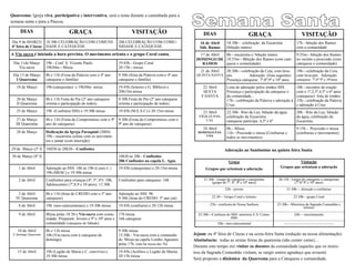Quaresma: Igreja viva, participativa e interventiva, será o tema durante a caminhada para a
semana santa e para a Páscoa.

     DIAS                            GRAÇA                                  VISITAÇÃO                           DIAS                          GRAÇA                           VISITAÇÃO
Dia 9 de MARÇO 18:30h CELEBRAÇÃO COM COMUNI-                        20h CELEBRAÇÃO COM COMU-                  16 de Abril       18:30h - celebração da Eucaristia          17h - bênção dos Ramos
4ª feira de Cinzas DADE E CATEQUESE                                 NIDADE E CATEQUESE                        Sáb. Ramos        (bênção ramos)                             com a comunidade
A Via sacra é iniciada a hora prevista. O movimento orienta e o grupo Coral canta.                           17 de Abril 8h—eucaristia c/ bênção ramos                     9:25m—bênção dos Ramos
                                                                                                            DOMINGO DE 10:55m—Bênção dos Ramos (com cate-                  no recinto e procissão (com
 Dia 11de Março       19h - Conf. S. Vicente Paulo                  19:45h - Grupo Coral                      RAMOS      quese e comunidade)                               catequese e comunidade)
    Via sacra         19h30m—Missa                                  20:15h—missa
                                                                                                               21 de Abril      20:30h—celebração da Ceia, com lava-       19h—celebração da Ceia,
 Dia 13 de Março      8h e 11h (Festa da Palavra com o 4º ano       9:30h (festa da Palavra com o 4º ano    QUINTA SANTA pés                 Adoração (lista seguinte)     com lava-pés Adoração.
  I Quaresma          catequese e família)                          catequese e família)                                        Presença catequese: 7º,8º,9º e 10º anos    catequese: 7º,8º 9º e 10ºanos

   18 de Março        19h (catequistas) e 19h30m missa              19:45h (leitores e G. Bíblico) e            22 Abril        Lista de adoração pelos irmãos SSS         10h - encontro de oração
                                                                    20h15m missa                                SEXTA           Presença e participação da catequese e     com o 1º,2,3º,4,5º e 6º anos
                                                                                                               F:SANTA          da comunidade...                           (catequese) lista de irmãos
   20 de Março        8h e 11h Festa do Pai (2º ano catequese       9:30h Festa do Pai (2º ano catequese                        17h—celebração da Palavra e adoração à     15h—celebração da Palavra
   II Quaresma        orienta e participação de todos).             orienta e participação de todos).                           Cruz.                                      e adoração à Cruz.
   25 de Março        19h (Confraria SSS) e 19:30h missa            19:45h (M.E.S.C) e 20:15m missa             23 Abril        22:30h– Rito da Luz, bênção da água,       20h - Rito da Luz, bênção
                                                                                                              VÍGILIA PAS-      celebração da Eucaristia.                  da água, celebração da
   27 de Março        8h e 11h (Festa do Compromisso com o 9º 9:30h (Festa do Compromisso com o                   CAL           catequese participa: 4,5º e 6º             Eucaristia.
   III Quaresma       ano de catequese)                       9º ano de catequese)
                                                                                                                24 Abril        8h—Missa                                   9:15h - Procissão e missa
   28 de Março        Dedicação da Igreja Paroquial (2004)                                                   DOMINGO PÁS-       11h—Procissão e missa (Confrarias e        (confrarias e movimentos)
                      19h—eucaristia solene com os movimen-                                                      COA
                                                                                                                                todos os movimentos)
                      tos e jantar (com inscrição)

29 de Março (3ª f) 18H30 às 20h30—Confissões                                                                                  Adoração ao Santíssimo na quinta feira Santa
30 de Março (4ª f)                                                  18h30 às 20h - Confissões
                                                                    20h Confissões na capela L. Agui.                            Graça                                    Visitação
    1 de Abril        Adoração ao SSS: 18h às 19h (Centro C.)       19:45h (catequistas) e 20:15m missa          Grupos que orientam a adoração                 Grupos que orientam a adoração
                      19h (MESC) e 19:30h missa
    2 de Abril        Confissões para crianças (4º, 5º, 6º): 10h;   Confissões para catequese: 16h              21.30h - Grupo de catequese e catequistas      20:15h - Grupo de catequese e catequistas
                                                                                                                     (grupo do 7º, 8º, 9º e 10º anos)                    (7º,8º,9º e 10º anos)
                      Adolescentes (7º,8,9 e 10 anos): 11:30h
                                                                                                                               22h—jovens                           21:30h— direcção e confrarias
    3 de Abril        8h e 11h (festa do CREDO com o 5º ano         Adoração ao SSS: 9h
   IV Quaresma        catequese)                                    9:30h (festa do CREDO: 5º ano cat)               22.30— Grupo Coral e leitores                        22:30h—grupo Coral

    8 de Abril        19h (neo-catecumenais) e 19:30h missa         19:45h (confraria) e 20:15h missa               23h—confraria de Nossa Senhora            23:30h—Ministros da Sagrada Comunhão e
                                                                                                                                                                             leitores
    9 de Abril        Missa pelas 18:30 e Via-sacra com comu- 17h missa                                      23:30h—Confraria do SSS/ ministros E.S. Comu-                24h— encerramento
                      nidade. Preparam: Jovens e 9º e 10º anos e 16h catequese                                                   nhão
                      comunidade (catequese do Sábado)                                                                     24h—neo-catecumenal                      ——————————————

    10 de Abril       8h e 11h missa                                9:30h missa
 V domingo Quaresma   10h (Via-sacra com a catequese de             15:30h - Via-sacra com a comunida-     Jejum: na 4ª feira de Cinzas e na sexta-feira Santa (redução na nossa alimentação)
                      domingo)                                      de. Missa na capela Lombo Aguiares     Abstinência: todas as sextas feiras da quaresma (não comer carne)…
                                                                    pelas 17h. (não há missa das 7h)
                                                                                                           Durante este tempo irei visitar os doentes da comunidade (aqueles que os minis-
    15 de Abril       19h (Legião de Maria e C. convívio) e         19:45h (Acólitos e Legião de Maria)    tros da Sagrada Comunhão visitam, se surgir outros agradeço que avisem)
                      19:30h missa                                  20:15h missa
                                                                                                           Será proposto a dinâmica da Quaresma para a Catequese e comunidade.
 