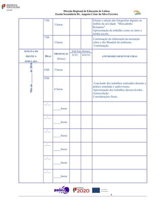 Direção Regional de Educação de Lisboa
Escola Secundária Dr. Augusto César da Silva Ferreira
7/06
5 horas
Eleção e edição das fotografias digitais no
âmbito da atividade "Mercadinho
Romanos".
Apresentação do trabalho como eu sinto a
minha escola.
7/06
2 horas
Continuação da elaboração da animação
sobre o dia Mundial do ambiente.
Continuação.
SEMANA DE
PRÁTICA
SIMULADA
DIAS
PRESENÇAS
(horas)
FALTAS (horas)
ATIVIDADES DESENVOLVIDAS
JUST. INJUST.
Mêsde..............de2016
8/06 5 horas
9/06
6 horas
Conclusão dos trabalhos realizados durante a
prática simulada e audiovisuais.
Apresentação dos trabalhos desenvolvidos .
Autoavalição.
Considerações finais.
__/__
_____horas
__/__
_____horas
__/__
_____horas
__/__
_____horas
__/__
_____horas
__/__
_____horas
4
 