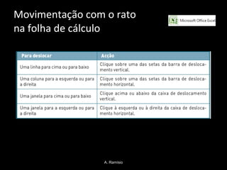 Movimentação com o rato  na folha de cálculo A. Ramísio 