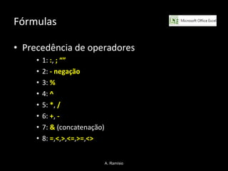 Fórmulas Precedência de operadores 1:  : ,  ; “” 2:   - negação 3:  % 4:  ^ 5:  * ,  / 6:  + ,  - 7:  &  (concatenação) 8:  = , < , > , <= , >= , <> A. Ramísio 