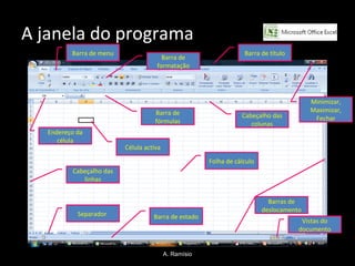 A janela do programa A. Ramísio Barra de título Barra de menu Minimizar, Maximizar, Fechar Barra de fórmulas Barras de deslocamento Célula activa Endereço da célula Barra de formatação Folha de cálculo Barra de estado Cabeçalho das colunas Cabeçalho das linhas Separador  Vistas do documento 