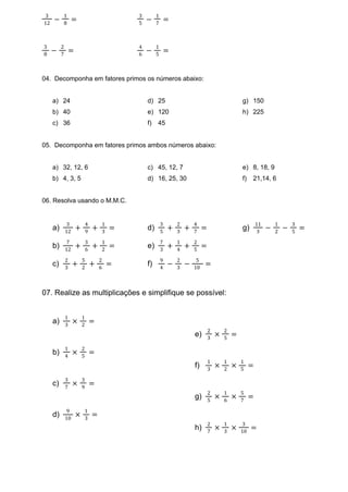 Exercícios 6 º ano-Matemática-Frações, PDF, Fração (Matemática)