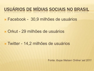 USUÁRIOS DE MÍDIAS SOCIAIS NO BRASIL

   Facebook - 30,9 milhões de usuários

   Orkut - 29 milhões de usuários

   Twitter - 14,2 milhões de usuários


                          Fonte: Ibope Nielsen Online/ set 2011
 