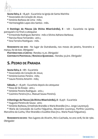 ...................................................................................................................
................................................................................................
Sexta-feira, 6 - 18,45h - Eucaristia na igreja de Santa Marinha
* Associados do Coração de Jesus;
* António Barbosa de Lima - mês;
* Hermenegildo Lopes dos Santos - mês.
II Domingo da Páscoa (da Divina Misericórdia), 8 - 10h - Eucaristia na igreja
paroquial e no final a catequese
* Ermezinda Rodrigues Barreiro - mês e Silvino Adriano Barbosa;
* Narcisa Rosa Fernandes - aniv.;
* Ana Ferreira Rodrigues - mês.
RENDIMENTO DO OVO - No lugar da Outrabanda, nos meses de janeiro, fevereiro e
março, foi de 60€. Obrigado!
PEDITÓRIO PARA A CÁRITAS - Rendeu 12,2€. Obrigado!
CONTRIBUTO PENITENCIAL / RENÚNCIA QUARESMAL - Rendeu 32,61€. Obrigado!
S. PEDRO DE PARADA
Sexta-feira, 6 - 18h - Eucaristia
* Associados do Coração de Jesus;
* AntónioGomes Pereira - mês;
* Isaura Pereira Amorim - mês;
Sábado, 7 - 18,30h - Eucaristia depois da catequese
* Rosa de Sá Araújo - aniv.;
* António Pereira Rodrigues - aniv.;
* Casimiro Pereira (m.c. Manuel Sousa Pereira).
II Domingo da Páscoa (da Divina Misericórdia), 8 - 8,45h - Eucaristia
* Augusto Pereira de Sousa - aniv;
* António Barbosa, Ermelinda Brandão e Maria Brandão (m.c. Jorge Lourenço);
* Maria da Conceição da Cunha Felgueiras, Alexandre Lourenço, Porfírio Loureiro,
Marcelino da Cunha, Vítor Brandão e Eusébio Dias (m.c. Maria Paula Felgueiras).
RENDIMENTO DO OVO - Nos lugares de Alvarim, Mó e Cachada, no ano 2018, foi de 136€.
Obrigado!
 