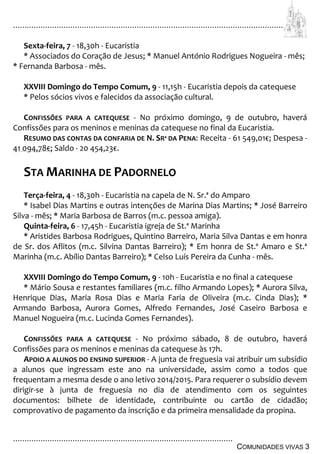 ................................................................................................................................
................................................................................................
COMUNIDADES VIVAS 3
Sexta-feira, 7 - 18,30h - Eucaristia
* Associados do Coração de Jesus; * Manuel António Rodrigues Nogueira - mês;
* Fernanda Barbosa - mês.
XXVIII Domingo do Tempo Comum, 9 - 11,15h - Eucaristia depois da catequese
* Pelos sócios vivos e falecidos da associação cultural.
CONFISSÕES PARA A CATEQUESE - No próximo domingo, 9 de outubro, haverá
Confissões para os meninos e meninas da catequese no final da Eucaristia.
RESUMO DAS CONTAS DA CONFARIA DE N. SRª DA PENA: Receita - 61 549,01€; Despesa -
41 094,78€; Saldo - 20 454,23€.
STA MARINHA DE PADORNELO
Terça-feira, 4 - 18,30h - Eucaristia na capela de N. Sr.ª do Amparo
* Isabel Dias Martins e outras intenções de Marina Dias Martins; * José Barreiro
Silva - mês; * Maria Barbosa de Barros (m.c. pessoa amiga).
Quinta-feira, 6 - 17,45h - Eucaristia igreja de St.ª Marinha
* Aristides Barbosa Rodrigues, Quintino Barreiro, Maria Silva Dantas e em honra
de Sr. dos Aflitos (m.c. Silvina Dantas Barreiro); * Em honra de St.º Amaro e St.ª
Marinha (m.c. Abílio Dantas Barreiro); * Celso Luís Pereira da Cunha - mês.
XXVIII Domingo do Tempo Comum, 9 - 10h - Eucaristia e no final a catequese
* Mário Sousa e restantes familiares (m.c. filho Armando Lopes); * Aurora Silva,
Henrique Dias, Maria Rosa Dias e Maria Faria de Oliveira (m.c. Cinda Dias); *
Armando Barbosa, Aurora Gomes, Alfredo Fernandes, José Caseiro Barbosa e
Manuel Nogueira (m.c. Lucinda Gomes Fernandes).
CONFISSÕES PARA A CATEQUESE - No próximo sábado, 8 de outubro, haverá
Confissões para os meninos e meninas da catequese às 17h.
APOIO A ALUNOS DO ENSINO SUPERIOR - A junta de freguesia vai atribuir um subsídio
a alunos que ingressam este ano na universidade, assim como a todos que
frequentam a mesma desde o ano letivo 2014/2015. Para requerer o subsídio devem
dirigir-se à junta de freguesia no dia de atendimento com os seguintes
documentos: bilhete de identidade, contribuinte ou cartão de cidadão;
comprovativo de pagamento da inscrição e da primeira mensalidade da propina.
 