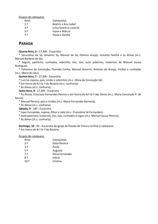 Grupos de catequese
       Anos                    Catequistas
       1.º                     Beatriz e Ana Isabel
       3.º                     Luísa Soares e Luísa Sá
       5.º                     Ivone e Márcia
       7.º                     Paula e Gorete


   PARADA
   Quarta-feira, 6 - 17,30h - Eucaristia
   * Secundino de Sá, Anselmo Sá, Manuel de Sá, Palmira Araújo, restante família e às Almas (m.c.
Manuel Barbosa de Sá);
   * Sogros, padrinho, cunhados, sobrinho, tias, tios, avós paternos, maternos de Manuel Sousa
Rodrigues;
   * Felismina da Conceição, Florinda Cunha, Manuel Amorim, António de Araújo, irmãos e cunhados
(m.c. Maria do Céu).
   Quinta-feira, 7 - 17,30h - Eucaristia
   * Luís Sá, esposa, pais, irmão e sobrinhos (m.c. Olívia da Conceição Sá);
   * Em honra de N.ª Sr.ª do Rosário (m.c. confraria);
   * Às Almas (m.c. confraria).
   Sexta-feira, 8 - 17,30h - Eucaristia
   * Às Almas, Francisco Fernandes Pereira e em honra de N.ª Sr.ª das Dores (m.c. Maria Conceição P. de
Sousa);
   * Manuel Pereira, pais e irmãos (m.c. Maria Fernandes Barreiro);
   * Às Almas (m.c. confraria).
   Sábado, 9 - 18h - Eucaristia
   * Isaac Fernandes, esposa, filhos e neto (m.c. Francelina Sá Fernandes);
   * Avós paternos, maternos, tios, tias, cunhados e sogro (m.c. Manuel Sousa Pereira);
   * Às Almas (m.c. confraria).

   Domingo, 10 - 9h - Eucaristia da igreja de Parada de Cima e no final a catequese
   * Em honra de N.ª Sr.ª do Rosário.

   Grupos de catequese
       Anos                    Catequistas
       2.º                     Sílvia Pereira
       3.º                     Paula
       5.º                     Augusta
       7.º                     Sílvia Fernandes
       8.º                     Inácia
       10.º                    Cristina
 