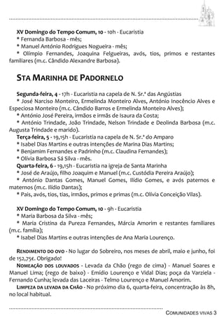 ................................................................................................................................
................................................................................................
COMUNIDADES VIVAS 3
XV Domingo do Tempo Comum, 10 - 10h - Eucaristia
* Fernanda Barbosa - mês;
* Manuel António Rodrigues Nogueira - mês;
* Olímpio Fernandes, Joaquina Felgueiras, avós, tios, primos e restantes
familiares (m.c. Cândido Alexandre Barbosa).
STA MARINHA DE PADORNELO
Segunda-feira, 4 - 17h - Eucaristia na capela de N. Sr.ª das Angústias
* José Narciso Monteiro, Ermelinda Monteiro Alves, António Inocêncio Alves e
Especiosa Monteiro (m.c. Cândido Barros e Ermelinda Monteiro Alves);
* António José Pereira, irmãos e irmãs de Isaura da Costa;
* António Trindade, João Trindade, Nelson Trindade e Deolinda Barbosa (m.c.
Augusta Trindade e marido).
Terça-feira, 5 - 19,15h - Eucaristia na capela de N. Sr.ª do Amparo
* Isabel Dias Martins e outras intenções de Marina Dias Martins;
* Benjamim Fernandes e Padrinho (m.c. Claudina Fernandes);
* Olívia Barbosa Sá Silva - mês.
Quarta-feira, 6 - 19,15h - Eucaristia na igreja de Santa Marinha
* José de Araújo, filho Joaquim e Manuel (m.c. Custódia Pereira Araújo);
* António Dantas Gomes, Manuel Gomes, Ilídio Gomes, e avós paternos e
maternos (m.c. Ilídio Dantas);
* Pais, avós, tios, tias, irmãos, primos e primas (m.c. Olívia Conceição Vilas).
XV Domingo do Tempo Comum, 10 - 9h - Eucaristia
* Maria Barbosa da Silva - mês;
* Maria Cristina da Pureza Fernandes, Márcia Amorim e restantes familiares
(m.c. família);
* Isabel Dias Martins e outras intenções de Ana Maria Lourenço.
RENDIMENTO DO OVO - No lugar do Sobreiro, nos meses de abril, maio e junho, foi
de 152,75€. Obrigado!
NOMEAÇÃO DOS LOUVADOS - Levada da Chão (rego de cima) - Manuel Soares e
Manuel Lima; (rego de baixo) - Emídio Lourenço e Vidal Dias; poça da Varziela -
Fernando Cunha; levada das Laceiras - Telmo Lourenço e Manuel Amorim.
LIMPEZA DA LEVADA DA CHÃO - No próximo dia 6, quarta-feira, concentração às 8h,
no local habitual.
 