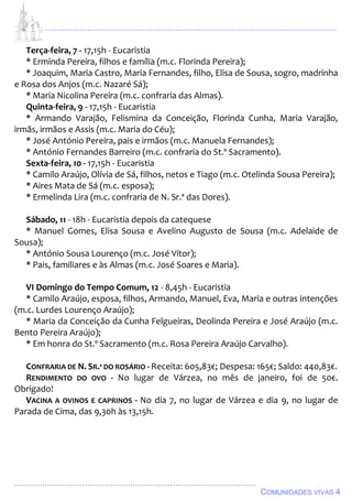 ................................................................................................................................
................................................................................................
COMUNIDADES VIVAS 4
Terça-feira, 7 - 17,15h - Eucaristia
* Erminda Pereira, filhos e família (m.c. Florinda Pereira);
* Joaquim, Maria Castro, Maria Fernandes, filho, Elisa de Sousa, sogro, madrinha
e Rosa dos Anjos (m.c. Nazaré Sá);
* Maria Nicolina Pereira (m.c. confraria das Almas).
Quinta-feira, 9 - 17,15h - Eucaristia
* Armando Varajão, Felismina da Conceição, Florinda Cunha, Maria Varajão,
irmãs, irmãos e Assis (m.c. Maria do Céu);
* José António Pereira, pais e irmãos (m.c. Manuela Fernandes);
* António Fernandes Barreiro (m.c. confraria do St.º Sacramento).
Sexta-feira, 10 - 17,15h - Eucaristia
* Camilo Araújo, Olívia de Sá, filhos, netos e Tiago (m.c. Otelinda Sousa Pereira);
* Aires Mata de Sá (m.c. esposa);
* Ermelinda Lira (m.c. confraria de N. Sr.ª das Dores).
Sábado, 11 - 18h - Eucaristia depois da catequese
* Manuel Gomes, Elisa Sousa e Avelino Augusto de Sousa (m.c. Adelaide de
Sousa);
* António Sousa Lourenço (m.c. José Vítor);
* Pais, familiares e às Almas (m.c. José Soares e Maria).
VI Domingo do Tempo Comum, 12 - 8,45h - Eucaristia
* Camilo Araújo, esposa, filhos, Armando, Manuel, Eva, Maria e outras intenções
(m.c. Lurdes Lourenço Araújo);
* Maria da Conceição da Cunha Felgueiras, Deolinda Pereira e José Araújo (m.c.
Bento Pereira Araújo);
* Em honra do St.º Sacramento (m.c. Rosa Pereira Araújo Carvalho).
CONFRARIA DE N. SR.ª DO ROSÁRIO - Receita: 605,83€; Despesa: 165€; Saldo: 440,83€.
RENDIMENTO DO OVO - No lugar de Várzea, no mês de janeiro, foi de 50€.
Obrigado!
VACINA A OVINOS E CAPRINOS - No dia 7, no lugar de Várzea e dia 9, no lugar de
Parada de Cima, das 9,30h às 13,15h.
 