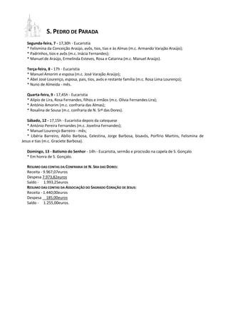 S. PEDRO DE PARADA
   Segunda-feira, 7 - 17,30h - Eucaristia
   * Felismina da Conceição Araújo, avôs, tios, tias e às Almas (m.c. Armando Varajão Araújo);
   * Padrinhos, tios e avôs (m.c. Inácia Fernandes);
   * Manuel de Araújo, Ermelinda Esteves, Rosa e Catarina (m.c. Manuel Araújo).

   Terça-feira, 8 - 17h - Eucaristia
   * Manuel Amorim e esposa (m.c. José Varajão Araújo);
   * Abel José Lourenço, esposa, pais, tios, avós e restante família (m.c. Rosa Lima Lourenço);
   * Nuno de Almeida - mês.

   Quarta-feira, 9 - 17,45h - Eucaristia
   * Alípio de Lira, Rosa Fernandes, filhos e irmãos (m.c. Olívia Fernandes Lira);
   * António Amorim (m.c. confraria das Almas);
   * Rosalina de Sousa (m.c. confraria de N. Srª das Dores).

   Sábado, 12 - 17,15h - Eucaristia depois da catequese
   * António Pereira Fernandes (m.c. Jovelina Fernandes);
   * Manuel Lourenço Barreiro - mês;
   * Libéria Barreiro, Abílio Barbosa, Celestina, Jorge Barbosa, bisavós, Porfírio Martins, Felismina de
Jesus e tias (m.c. Graciete Barbosa).

   Domingo, 13 - Batismo do Senhor - 14h - Eucaristia, sermão e procissão na capela de S. Gonçalo
   * Em honra de S. Gonçalo.

   RESUMO DAS CONTAS DA CONFRARIA DE N. SRA DAS DORES:
   Receita - 9.967,07euros
   Despesa 7.973,82euros
   Saldo - 1.993,25euros
   RESUMO DAS CONTAS DA ASSOCIAÇÃO DO SAGRADO CORAÇÃO DE JESUS:
   Receita - 1.440,00euros
   Despesa 185,00euros
   Saldo - 1.255,00euros.
 