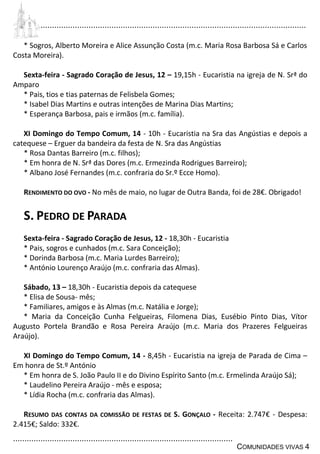 ................................................................................................................................
................................................................................................
COMUNIDADES VIVAS 4
* Sogros, Alberto Moreira e Alice Assunção Costa (m.c. Maria Rosa Barbosa Sá e Carlos
Costa Moreira).
Sexta-feira - Sagrado Coração de Jesus, 12 – 19,15h - Eucaristia na igreja de N. Srª do
Amparo
* Pais, tios e tias paternas de Felisbela Gomes;
* Isabel Dias Martins e outras intenções de Marina Dias Martins;
* Esperança Barbosa, pais e irmãos (m.c. família).
XI Domingo do Tempo Comum, 14 - 10h - Eucaristia na Sra das Angústias e depois a
catequese – Erguer da bandeira da festa de N. Sra das Angústias
* Rosa Dantas Barreiro (m.c. filhos);
* Em honra de N. Srª das Dores (m.c. Ermezinda Rodrigues Barreiro);
* Albano José Fernandes (m.c. confraria do Sr.º Ecce Homo).
RENDIMENTO DO OVO - No mês de maio, no lugar de Outra Banda, foi de 28€. Obrigado!
S. PEDRO DE PARADA
Sexta-feira - Sagrado Coração de Jesus, 12 - 18,30h - Eucaristia
* Pais, sogros e cunhados (m.c. Sara Conceição);
* Dorinda Barbosa (m.c. Maria Lurdes Barreiro);
* António Lourenço Araújo (m.c. confraria das Almas).
Sábado, 13 – 18,30h - Eucaristia depois da catequese
* Elisa de Sousa- mês;
* Familiares, amigos e às Almas (m.c. Natália e Jorge);
* Maria da Conceição Cunha Felgueiras, Filomena Dias, Eusébio Pinto Dias, Vítor
Augusto Portela Brandão e Rosa Pereira Araújo (m.c. Maria dos Prazeres Felgueiras
Araújo).
XI Domingo do Tempo Comum, 14 - 8,45h - Eucaristia na igreja de Parada de Cima –
Em honra de St.º António
* Em honra de S. João Paulo II e do Divino Espírito Santo (m.c. Ermelinda Araújo Sá);
* Laudelino Pereira Araújo - mês e esposa;
* Lídia Rocha (m.c. confraria das Almas).
RESUMO DAS CONTAS DA COMISSÃO DE FESTAS DE S. GONÇALO - Receita: 2.747€ - Despesa:
2.415€; Saldo: 332€.
 