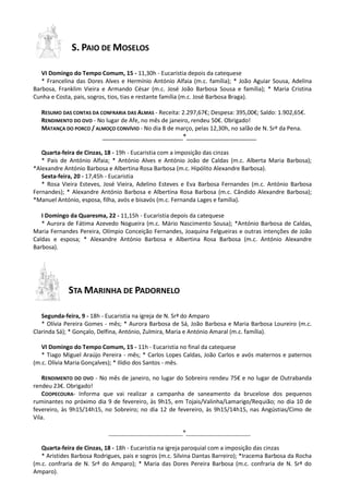 S. PAIO DE MOSELOS
VI Domingo do Tempo Comum, 15 - 11,30h - Eucaristia depois da catequese
* Francelina das Dores Alves e Hermínio António Alfaia (m.c. família); * João Aguiar Sousa, Adelina
Barbosa, Franklim Vieira e Armando César (m.c. José João Barbosa Sousa e família); * Maria Cristina
Cunha e Costa, pais, sogros, tios, tias e restante família (m.c. José Barbosa Braga).
RESUMO DAS CONTAS DA CONFRARIA DAS ALMAS - Receita: 2.297,67€; Despesa: 395,00€; Saldo: 1.902,65€.
RENDIMENTO DO OVO - No lugar de Afe, no mês de janeiro, rendeu 50€. Obrigado!
MATANÇA DO PORCO / ALMOÇO CONVÍVIO - No dia 8 de março, pelas 12,30h, no salão de N. Srª da Pena.
_______________________*____________________
Quarta-feira de Cinzas, 18 - 19h - Eucaristia com a imposição das cinzas
* Pais de António Alfaia; * António Alves e António João de Caldas (m.c. Alberta Maria Barbosa);
*Alexandre António Barbosa e Albertina Rosa Barbosa (m.c. Hipólito Alexandre Barbosa).
Sexta-feira, 20 - 17,45h - Eucaristia
* Rosa Vieira Esteves, José Vieira, Adelino Esteves e Eva Barbosa Fernandes (m.c. António Barbosa
Fernandes); * Alexandre António Barbosa e Albertina Rosa Barbosa (m.c. Cândido Alexandre Barbosa);
*Manuel António, esposa, filha, avós e bisavós (m.c. Fernanda Lages e família).
I Domingo da Quaresma, 22 - 11,15h - Eucaristia depois da catequese
* Aurora de Fátima Azevedo Nogueira (m.c. Mário Nascimento Sousa); *António Barbosa de Caldas,
Maria Fernandes Pereira, Olímpio Conceição Fernandes, Joaquina Felgueiras e outras intenções de João
Caldas e esposa; * Alexandre António Barbosa e Albertina Rosa Barbosa (m.c. António Alexandre
Barbosa).
STA MARINHA DE PADORNELO
Segunda-feira, 9 - 18h - Eucaristia na igreja de N. Srª do Amparo
* Olívia Pereira Gomes - mês; * Aurora Barbosa de Sá, João Barbosa e Maria Barbosa Loureiro (m.c.
Clarinda Sá); * Gonçalo, Delfina, António, Zulmira, Maria e António Amaral (m.c. família).
VI Domingo do Tempo Comum, 15 - 11h - Eucaristia no final da catequese
* Tiago Miguel Araújo Pereira - mês; * Carlos Lopes Caldas, João Carlos e avós maternos e paternos
(m.c. Olívia Maria Gonçalves); * Ilídio dos Santos - mês.
RENDIMENTO DO OVO - No mês de janeiro, no lugar do Sobreiro rendeu 75€ e no lugar de Outrabanda
rendeu 23€. Obrigado!
COOPECOURA- Informa que vai realizar a campanha de saneamento da brucelose dos pequenos
ruminantes no próximo dia 9 de fevereiro, às 9h15, em Tojais/Valinha/Lamarigo/Requião; no dia 10 de
fevereiro, às 9h15/14h15, no Sobreiro; no dia 12 de fevereiro, às 9h15/14h15, nas Angústias/Cimo de
Vila.
_______________________*____________________
Quarta-feira de Cinzas, 18 - 18h - Eucaristia na igreja paroquial com a imposição das cinzas
* Aristides Barbosa Rodrigues, pais e sogros (m.c. Silvina Dantas Barreiro); *Iracema Barbosa da Rocha
(m.c. confraria de N. Srª do Amparo); * Maria das Dores Pereira Barbosa (m.c. confraria de N. Srª do
Amparo).
 
