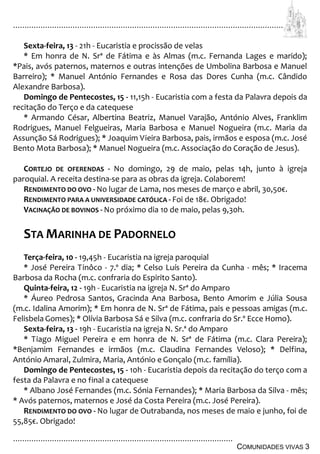 ................................................................................................................................
................................................................................................
COMUNIDADES VIVAS 3
Sexta-feira, 13 - 21h - Eucaristia e procissão de velas
* Em honra de N. Srª de Fátima e às Almas (m.c. Fernanda Lages e marido);
*Pais, avós paternos, maternos e outras intenções de Umbolina Barbosa e Manuel
Barreiro); * Manuel António Fernandes e Rosa das Dores Cunha (m.c. Cândido
Alexandre Barbosa).
Domingo de Pentecostes, 15 - 11,15h - Eucaristia com a festa da Palavra depois da
recitação do Terço e da catequese
* Armando César, Albertina Beatriz, Manuel Varajão, António Alves, Franklim
Rodrigues, Manuel Felgueiras, Maria Barbosa e Manuel Nogueira (m.c. Maria da
Assunção Sá Rodrigues); * Joaquim Vieira Barbosa, pais, irmãos e esposa (m.c. José
Bento Mota Barbosa); * Manuel Nogueira (m.c. Associação do Coração de Jesus).
CORTEJO DE OFERENDAS - No domingo, 29 de maio, pelas 14h, junto à igreja
paroquial. A receita destina-se para as obras da igreja. Colaborem!
RENDIMENTO DO OVO - No lugar de Lama, nos meses de março e abril, 30,50€.
RENDIMENTO PARA A UNIVERSIDADE CATÓLICA - Foi de 18€. Obrigado!
VACINAÇÃO DE BOVINOS - No próximo dia 10 de maio, pelas 9,30h.
STA MARINHA DE PADORNELO
Terça-feira, 10 - 19,45h - Eucaristia na igreja paroquial
* José Pereira Tinôco - 7.º dia; * Celso Luís Pereira da Cunha - mês; * Iracema
Barbosa da Rocha (m.c. confraria do Espirito Santo).
Quinta-feira, 12 - 19h - Eucaristia na igreja N. Srª do Amparo
* Áureo Pedrosa Santos, Gracinda Ana Barbosa, Bento Amorim e Júlia Sousa
(m.c. Idalina Amorim); * Em honra de N. Srª de Fátima, pais e pessoas amigas (m.c.
Felisbela Gomes); * Olívia Barbosa Sá e Silva (m.c. confraria do Sr.º Ecce Homo).
Sexta-feira, 13 - 19h - Eucaristia na igreja N. Sr.ª do Amparo
* Tiago Miguel Pereira e em honra de N. Srª de Fátima (m.c. Clara Pereira);
*Benjamim Fernandes e irmãos (m.c. Claudina Fernandes Veloso); * Delfina,
António Amaral, Zulmira, Maria, António e Gonçalo (m.c. família).
Domingo de Pentecostes, 15 - 10h - Eucaristia depois da recitação do terço com a
festa da Palavra e no final a catequese
* Albano José Fernandes (m.c. Sónia Fernandes); * Maria Barbosa da Silva - mês;
* Avós paternos, maternos e José da Costa Pereira (m.c. José Pereira).
RENDIMENTO DO OVO - No lugar de Outrabanda, nos meses de maio e junho, foi de
55,85€. Obrigado!
 