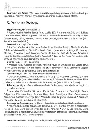 ................................................................................................................................
................................................................................................
COMUNIDADES VIVAS 4
CONFRARIA DAS ALMAS - Vão fazer o peditório pela freguesia no próximo domingo,
15 de maio. Pedimos compreensão para a cobrança dos anuais em atraso.
S. PEDRO DE PARADA
Segunda-feira, 9 - 19h - Eucaristia
* José Joaquim Pereira Sousa (m.c. Lucília Sá); * Manuel António de Sá, Rosa
Clara Fernandes, filhos e genro Luís (m.c. Ermelinda Fernandes de Sá); * José
Galvão, Rosa, Olívia, Manuel, Delfim, Rosa Conceição Lourenço e às Almas (m.c.
Rosa Conceição Galvão).
Terça-feira, 10 - 19h - Eucaristia
* António Cunha, Ana Barbosa Freire, Rosa Pereira Araújo, Maria da Cunha,
Felisbela Sá Almodôvar, Maria Pereira de Castro (m.c. Maria da Graça Sá Lourenço
Oliveira); * Manuel José Amorim, Cecília de Castro, José de Castro Amorim e
restante família (m.c. Silvério Castro Amorim); * Luís de Sá, Rosa Fernandes, pais,
irmãos e sobrinhos (m.c. Ermelinda Fernandes Sá).
Quarta-feira, 11 - 19h - Eucaristia
* Manuel Júlio, António Esteves, António Alves e Ermesinda da Cunha (m.c.
Pedro Cunha Barbosa); * Em honra do St.º Sacramento (m.c. Carmelina Lages);
*Rosalina Pereira de Sousa (m.c Maria Sousa Barbosa).
Quinta-feira, 12 - 21h - Eucaristia e procissão de velas
* Graciosa Lourenço, Ilídio Lourenço e filhos (m.c. Otelinda Lourenço); * Abel
Lourenço Araújo (m.c. Maria Helena Barbosa); * Cristina de Sousa, marido, filho,
cunhadas, cunhados e em honra de N. Srª das Dores (m.c. Libéria de Sousa).
Sábado, 14 - 18,30h - Eucaristia com a festa do Pai Nosso, depois da recitação do
terço e da catequese
* Martinha Fernandes Sá (m.c. Paula Sá); * Maria da Conceição Cunha
Felgueiras, Filomena Dias, Eusébio Dias, José Rodrigues, Bem Aventurança,
Arnaldina e António Lourenço (m.c. Maria da Graça Felgueiras Araújo); * Armando
Fernandes Pereira (m.c. Manuel e Lurdes).
Domingo de Pentecostes, 15 - 8,45h - Eucaristia depois da recitação do terço
* Padrinhos, Felisbela Almodôvar, Lídia Sá, Celeste Cunha, amigos e conhecidos
falecidos (m.c. Maria Jesus Fernandes de Sá Pereira); * Daniel, Leopoldina, Maria
Pádua, Helena e Jacinta (m.c. Elvira dos Prazeres); * Ermelinda Pereira, pais, irmãos
e restante família (m.c. Florinda Pereira).
RENDIMENTO DO OVO - No lugar da Vila, no ano 2016, foi de 270€. Obrigado!
 