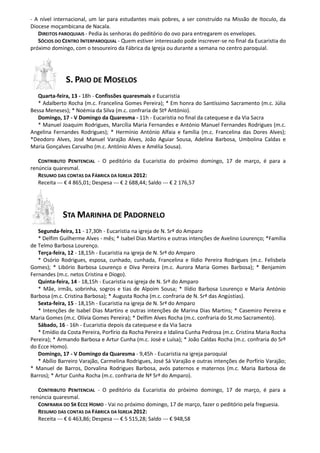 - A nível internacional, um lar para estudantes mais pobres, a ser construído na Missão de Itoculo, da
Diocese moçambicana de Nacala.
   DIREITOS PAROQUIAIS - Pedia às senhoras do peditório do ovo para entregarem os envelopes.
   SÓCIOS DO CENTRO INTERPAROQUIAL - Quem estiver interessado pode inscrever-se no final da Eucaristia do
próximo domingo, com o tesoureiro da Fábrica da Igreja ou durante a semana no centro paroquial.




              S. PAIO DE MOSELOS
   Quarta-feira, 13 - 18h - Confissões quaresmais e Eucaristia
   * Adalberto Rocha (m.c. Francelina Gomes Pereira); * Em honra do Santíssimo Sacramento (m.c. Júlia
Bessa Meneses); * Noémia da Silva (m.c. confraria de Stº António).
   Domingo, 17 - V Domingo da Quaresma - 11h - Eucaristia no final da catequese e da Via Sacra
   * Manuel Joaquim Rodrigues, Marcília Maria Fernandes e António Manuel Fernandes Rodrigues (m.c.
Angelina Fernandes Rodrigues); * Hermínio António Alfaia e família (m.c. Francelina das Dores Alves);
*Deodoro Alves, José Manuel Varajão Alves, João Aguiar Sousa, Adelina Barbosa, Umbolina Caldas e
Maria Gonçalves Carvalho (m.c. António Alves e Amélia Sousa).

   CONTRIBUTO PENITENCIAL - O peditório da Eucaristia do próximo domingo, 17 de março, é para a
renúncia quaresmal.
   RESUMO DAS CONTAS DA FÁBRICA DA IGREJA 2012:
   Receita --- € 4 865,01; Despesa --- € 2 688,44; Saldo --- € 2 176,57




             STA MARINHA DE PADORNELO
   Segunda-feira, 11 - 17,30h - Eucaristia na igreja de N. Srª do Amparo
   * Delfim Guilherme Alves - mês; * Isabel Dias Martins e outras intenções de Avelino Lourenço; *Família
de Telmo Barbosa Lourenço.
   Terça-feira, 12 - 18,15h - Eucaristia na igreja de N. Srª do Amparo
   * Osório Rodrigues, esposa, cunhado, cunhada, Francelina e Ilídio Pereira Rodrigues (m.c. Felisbela
Gomes); * Libório Barbosa Lourenço e Diva Pereira (m.c. Aurora Maria Gomes Barbosa); * Benjamim
Fernandes (m.c. netos Cristina e Diogo).
   Quinta-feira, 14 - 18,15h - Eucaristia na igreja de N. Srª do Amparo
   * Mãe, irmãs, sobrinha, sogros e tias de Alpoim Sousa; * Ilídio Barbosa Lourenço e Maria António
Barbosa (m.c. Cristina Barbosa); * Augusta Rocha (m.c. confraria de N. Srª das Angústias).
   Sexta-feira, 15 - 18,15h - Eucaristia na igreja de N. Srª do Amparo
   * Intenções de Isabel Dias Martins e outras intenções de Marina Dias Martins; * Casemiro Pereira e
Maria Gomes (m.c. Olívia Gomes Pereira); * Delfim Alves Rocha (m.c. confraria do St.mo Sacramento).
   Sábado, 16 - 16h - Eucaristia depois da catequese e da Via Sacra
   * Emídio da Costa Pereira, Porfírio da Rocha Pereira e Idalina Cunha Pedrosa (m.c. Cristina Maria Rocha
Pereira); * Armando Barbosa e Artur Cunha (m.c. José e Luísa); * João Caldas Rocha (m.c. confraria do Srº
do Ecce Homo).
   Domingo, 17 - V Domingo da Quaresma - 9,45h - Eucaristia na igreja paroquial
   * Abílio Barreiro Varajão, Carmelina Rodrigues, José Sá Varajão e outras intenções de Porfírio Varajão;
* Manuel de Barros, Dorvalina Rodrigues Barbosa, avós paternos e maternos (m.c. Maria Barbosa de
Barros); * Artur Cunha Rocha (m.c. confraria de Nª Srª do Amparo).

   CONTRIBUTO PENITENCIAL - O peditório da Eucaristia do próximo domingo, 17 de março, é para a
renúncia quaresmal.
   CONFRARIA DO SR ECCE HOMO - Vai no próximo domingo, 17 de março, fazer o peditório pela freguesia.
   RESUMO DAS CONTAS DA FÁBRICA DA IGREJA 2012:
   Receita --- € 6 463,86; Despesa --- € 5 515,28; Saldo --- € 948,58
 