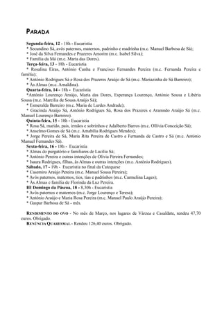 PARADA
   Segunda-feira, 12 - 18h - Eucaristia
   * Secundino Sá, avós paternos, maternos, padrinho e madrinha (m.c. Manuel Barbosa de Sá);
   * José da Silva Fernandes e Prazeres Amorim (m.c. Isabel Silva);
   * Família da Mó (m.c. Maria das Dores).
   Terça-feira, 13 - 18h - Eucaristia
   * Rosalina Eiras, António Cunha e Francisco Fernandes Pereira (m.c. Fernanda Pereira e
família);
   * António Rodrigues Sá e Rosa dos Prazeres Araújo de Sá (m.c. Mariazinha de Sá Barreiro);
   * Às Almas (m.c. Arnaldina).
   Quarta-feira, 14 - 18h - Eucaristia
   *António Lourenço Araújo, Maria das Dores, Esperança Lourenço, António Sousa e Libéria
Sousa (m.c. Marcília de Sousa Araújo Sá);
   * Esmeralda Barreiro (m.c. Maria de Lurdes Andrade);
   * Gracinda Araújo Sá, António Rodrigues Sá, Rosa dos Prazeres e Aramndo Araújo Sá (m.c.
Manuel Lourenço Barreiro).
   Quinta-feira, 15 - 18h - Eucaristia
   * Rosa Sá, marido, pais, irmãos e sobrinhos e Adalberto Barros (m.c. Ollívia Conceição Sá);
   * Anselmo Gomes de Sá (m.c. Amabília Rodrigues Mendes);
   * Jorge Pereira de Sá, Maria Rita Pereira de Castro e Fernanda de Castro e Sá (m.c. António
Manuel Fernandes Sá).
   Sexta-feira, 16 - 18h - Eucaristia
   * Almas do purgatório e familiares de Lucilia Sá;
   * António Pereira e outras intenções de Olívia Pereira Fernandes;
   * Isaura Rodrigues, filhas, às Almas e outras intenções (m.c. António Rodrigues).
   Sábado, 17 - 19h - Eucaristia no final da Catequese
   * Casemiro Araújo Pereira (m.c. Manuel Sousa Pereira);
   * Avós paternos, maternos, tios, tias e padrinhos (m.c. Carmelina Lages);
   * Às Almas e família de Florinda da Luz Pereira.
   III Domingo da Páscoa, 18 - 8,30h - Eucaristia
   * Avós paternos e maternos (m.c. Jorge Lourenço e Teresa);
   * António Araújo e Maria Rosa Pereira (m.c. Manuel Paulo Araújo Pereira);
   * Gaspar Barbosa de Sá - mês.

   RENDIMENTO DO OVO - No mês de Março, nos lugares de Várzea e Casaldate, rendeu 47,70
euros. Obrigado.
   RENÚNCIA QUARESMAL - Rendeu 126,40 euros. Obrigado.
 