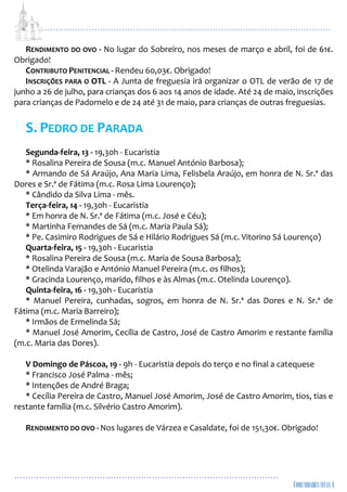 ...................................................................................................................
................................................................................................
RENDIMENTO DO OVO - No lugar do Sobreiro, nos meses de março e abril, foi de 61€.
Obrigado!
CONTRIBUTO PENITENCIAL - Rendeu 60,03€. Obrigado!
INSCRIÇÕES PARA O OTL - A Junta de freguesia irá organizar o OTL de verão de 17 de
junho a 26 de julho, para crianças dos 6 aos 14 anos de idade. Até 24 de maio, inscrições
para crianças de Padornelo e de 24 até 31 de maio, para crianças de outras freguesias.
S. PEDRO DE PARADA
Segunda-feira, 13 - 19,30h - Eucaristia
* Rosalina Pereira de Sousa (m.c. Manuel António Barbosa);
* Armando de Sá Araújo, Ana Maria Lima, Felisbela Araújo, em honra de N. Sr.ª das
Dores e Sr.ª de Fátima (m.c. Rosa Lima Lourenço);
* Cândido da Silva Lima - mês.
Terça-feira, 14 - 19,30h - Eucaristia
* Em honra de N. Sr.ª de Fátima (m.c. José e Céu);
* Martinha Fernandes de Sá (m.c. Maria Paula Sá);
* Pe. Casimiro Rodrigues de Sá e Hilário Rodrigues Sá (m.c. Vitorino Sá Lourenço)
Quarta-feira, 15 - 19,30h - Eucaristia
* Rosalina Pereira de Sousa (m.c. Maria de Sousa Barbosa);
* Otelinda Varajão e António Manuel Pereira (m.c. os filhos);
* Gracinda Lourenço, marido, filhos e às Almas (m.c. Otelinda Lourenço).
Quinta-feira, 16 - 19,30h - Eucaristia
* Manuel Pereira, cunhadas, sogros, em honra de N. Sr.ª das Dores e N. Sr.ª de
Fátima (m.c. Maria Barreiro);
* Irmãos de Ermelinda Sá;
* Manuel José Amorim, Cecília de Castro, José de Castro Amorim e restante família
(m.c. Maria das Dores).
V Domingo de Páscoa, 19 - 9h - Eucaristia depois do terço e no final a catequese
* Francisco José Palma - mês;
* Intenções de André Braga;
* Cecília Pereira de Castro, Manuel José Amorim, José de Castro Amorim, tios, tias e
restante família (m.c. Silvério Castro Amorim).
RENDIMENTO DO OVO - Nos lugares de Várzea e Casaldate, foi de 151,30€. Obrigado!
 