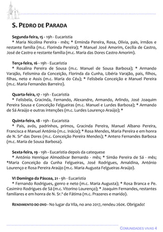 ................................................................................................................................
................................................................................................
COMUNIDADES VIVAS 4
S. PEDRO DE PARADA
Segunda-feira, 15 - 19h - Eucaristia
* Maria Nicolina Pereira - mês; * Erminda Pereira, Rosa, Olívia, pais, irmãos e
restante família (m.c. Florinda Pereira); * Manuel José Amorim, Cecília de Castro,
José de Castro e restante família (m.c. Maria das Dores Castro Amorim).
Terça-feira, 16 - 19h - Eucaristia
* Rosalina Pereira de Sousa (m.c. Manuel de Sousa Barbosa); * Armando
Varajão, Felismina da Conceição, Florinda da Cunha, Libéria Varajão, pais, filhos,
filhas, neto e Assis (m.c. Maria do Céu); * Felisbela Conceição e Manuel Pereira
(m.c. Maria Fernandes Barreiro).
Quarta-feira, 17 - 19h - Eucaristia
* Felisbela, Gracinda, Fernando, Alexandre, Armando, Arlindo, José Joaquim
Pereira Sousa e Conceição Felgueiras (m.c. Manuel e Lurdes Barbosa); * Armando
de Sá Araújo e outras intenções (m.c. Lurdes Lourenço Araújo); *
Quinta-feira, 18 - 19h - Eucaristia
* Pais, avós, padrinhos, primos, Gracinda Pereira, Manuel Albano Pereira,
Francisca e Manuel António (m.c. Inácia); * Rosa Mendes, Maria Pereira e em honra
de N. Srª das Dores (m.c. Conceição Pereira Mendes); * Antero Fernandes Barbosa
(m.c. Maria de Sousa Barbosa).
Sexta-feira, 19 - 19h - Eucaristia depois da catequese
* António Henrique Almodôvar Bernardo - mês; * Simão Pereira de Sá - mês;
*Maria Conceição da Cunha Felgueiras, José Rodrigues, Arnaldina, António
Lourenço e Rosa Pereira Araújo (m.c. Maria Augusta Felgueiras Araújo).
VI Domingo da Páscoa, 21 - 9h - Eucaristia
* Fernando Rodrigues, genro e neto (m.c. Maria Augusta); * Rosa Branca e Pe.
Casimiro Rodrigues de Sá (m.c. Vitorino Lourenço); * Joaquim Fernandes, restantes
familiares e em honra de N. Sr.ª de Fátima (m.c. Prazeres e marido).
RENDIMENTO DO OVO - No lugar da Vila, no ano 2017, rendeu 260€. Obrigado!
 