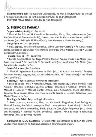 ................................................................................................................................
................................................................................................
COMUNIDADES VIVAS 4
RENDIMENTO DO OVO - No lugar de Outrabanda, no mês de outubro, foi de 40,50€
e no lugar do Sobreiro, de junho a dezembro, foi de 70,25 Obrigado!
PEDITÓRIO PARA A DIOCESE - Rendeu 20,59€. Obrigado!
S. PEDRO DE PARADA
Segunda-feira, 16 - 8,30h - Eucaristia
* Manuel António de Sá, Clara Rosa Fernandes, filhos, filha, netos e netas (m.c.
António Manuel Fernandes de Sá); * Avós, tios, tias, às Almas e em honra de N. Srª
das Dores (m.c. Felisbela Sá Almodôvar); * Às Almas (m.c. Dores Lourenço).
Terça-feira, 17 - 17h - Eucaristia
* Pais, esposa, irmã e cunhado (m.c. Mário Loureiro Castro); * Às Almas e por
todas as pessoais sepultadas no cemitério de Parada (m.c. Nazaré Castro); * Gaspar
Barbosa (m.c. esposa).
Quinta-feira, 19 - 17h - Eucaristia
* Camilo Araújo, Olívia Sá, Tiago Pereira, Manuel Araújo, irmãs e às Almas (m.c.
Rosa Lourenço); * Em honra de N. Sr.ª do Rosário (m.c. confraria); * Às Almas (m.c.
Ermelinda Fernandes de Sá).
Sexta-feira, 20 - 17h - Eucaristia
* Manuel Agostinho Rodrigues e Pais (m.c. Gracinda Conceição Araújo);
*Manuel Pereira, sogros, tios, tias e cunhados (m.c. Mª Teresa Mota); * Às Almas
(m.c. confraria).
Sábado, 21 - 17h - Eucaristia no final da catequese
* Elisa de Sousa - mês; * Armando Araújo, José Francisco, Manuel Pereira, Rosa
Araújo, Fernando Rodrigues, Jacinta, Antero Fernandes e António Ferreira (m.c.
Manuel e Lurdes); * Manuel Dantas Araújo, pais, Secundino, Maria das Dores,
Carolina Rosa Sousa, Maria Lourenço, restante família e vizinhos falecidos (m.c.
Maria Filomena de Sá).
Domingo de Cristo Rei, 22 - 8,45h - Eucaristia
* Avós paternos, maternos, tios, tias, Conceição Felgueiras, José Rodrigues,
Manuel Dantas, António Lourenço e Abel Lourenço (m.c. José Vítor); * António
Lourenço, Arnaldina, Alexandre, Simão Sousa e Conceição Felgueiras (m.c. Elvira
dos Prazeres); * Manuel Araújo, Ermelinda Esteves, Rosa Esteves e restantes
familiares (m.c. Mª Esteves Araújo).
CONFRARIA DE N. SR.ª DAS DORES - Os elementos da confraria de N. Sr.ª das Dores
vão fazer no domingo no final da Eucaristia a cobrança dos anuais.
 