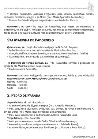 ................................................................................................................................
................................................................................................
COMUNIDADES VIVAS 3
* Olímpio Fernandes, Joaquina Felgueiras, pais, irmãos, sobrinhos, primos,
restantes familiares, amigos e às Almas (m.c. Maria Aparecida Fernandes);
* Manuel António Rodrigues Nogueira (m.c. confraria das Almas).
RENDIMENTO DO OVO - No lugar de Pantanhas, nos meses de novembro e
dezembro, foi de 33,83€, no lugar de Lama, nos meses de novembro e dezembro,
foi de 21,20€ e no lugar de Afe, no mês de dezembro, foi de 77€. Obrigado!
STA MARINHA DE PADORNELO
Quinta-feira, 21 - 17,45h - Eucaristia na igreja de N. Sr.ª do Amparo
* Isabel Dias Martins e outras intenções de Marina Dias Martins;
* Gonçalo, Delfina, António, Zulmira, Maria e António Amaral (m.c. família);
* Às Almas (m.c. encarregado das Alminhas de Lamarigo).
III Domingo do Tempo Comum, 24 - 11h - Eucaristia, sermão e procissão na
igreja de Sta Marinha, depois da catequese
* Em honra de S. Sebastião.
RENDIMENTO DO OVO - No lugar de Lamarigo, no ano 2015, foi de 42.90€. Obrigado!
RESUMO DAS CONTAS DA ASSOCIAÇÃO DO CORAÇÃO DE JESUS:
Receita - 1.740,72€
Despesa - 120.00€
Saldo - 1.620,72€
S. PEDRO DE PARADA
Segunda-feira, 18 - 17h - Eucaristia
* Anselmo Gomes de Sá, pais e sogros (m.c. Amabília Mendes);
* Pais, Luís, Rosa Sá, sogros, avós, tios, tias, primos, às Almas e em honra de N.
Srª das Dores (m.c. Maria Jesus Fernandes de Sá Pereira);
* Pais, avós, irmãos, tios e padrinhos (m.c. Olívia Fernandes Lira).
Terça-feira, 19 - 17h - Eucaristia
* Avós paternos e maternos de Carlos Oliveira e Graça Lourenço;
* Alexandre, familiares, amigos e às Almas (m.c. Libéria de Sousa);
* António Pádua, esposa e outros familiares (m.c. Manuel e Rosa Pádua).
 