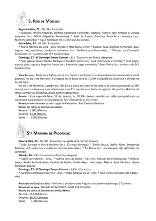 S. PAIO DE MOSELOS
   Segunda-feira, 21 - 18,15h - Eucaristia
   * Joaquina Pereira Felgeiras, Olímpio Conceição Fernandes, Mateus, Aurora, José António e Curiaça
Joaquina (m.c. Maria Felgueiras Fernandes); * Abel da Cunha, Francisca Mourão e cunhados (m.c.
Martinha Mourão); * Isaac Rodrigues (m.c. confraria das Almas).
   Sexta-feira, 25 - 18,15h - Eucaristia
   * Maria Noémia da Silva - aniv, marido e filha Maria Irene; * Esposa, Rosa Angélica Fernandes, pais,
sogros, tios, sobrinhos, irmãos e cunhados (m.c. Teófilo Lauro Fernandes); * Olímpio da Conceição
Fernandes (m.c. confraria do St.º Sacramento).
   Domingo, 27 - III Domingo Tempo Comum - 11h - Eucaristia no final a catequese
   * João Aguiar Sousa Adelina Barbosa e Franklim Vieira (m.c. José João Sousa e família); * José Lages,
esposa, pais, sogros e Angelina Garcia (m.c. Fernanda Lages e marido); * Rosa Vieira (m.c. confraria do St.º
Sacramento).

   VISITA PASTORAL - Pedimos a todos que se inscrevam e participem no almoço/convívio paroquial na visita
pastoral, no dia 3 de fevereiro. A chegada do Sr. Bispo será às 10,30h e seguida da Eucaristia e almoço na
Sra da Pena.
   No dia 1 de fevereiro, a partir das 14h, fará a visita aos centros de culto e ao centro paroquial; às 18h
reunirá com a catequese e os crismandos e às 21h reunirá com todos os agentes da pastoral (Fábrica da
Igreja, Confrarias, zeladoras, grupo coral e catequistas).
   REUNIÃO - Esta segunda-feira, 21 de janeiro, às 20,30h, temos reunião no salão paroquial com os
nomeados para preparar a visita pastoral. São necessárias as inscrições.
   NOMEAÇÃO PARA O PEDITÓRIO DO OVO - Lugar de Pantanhas: Ana Carolina Barbosa.
   RESUMO DAS CONTAS DA CONFRARIA DAS ALMAS:
   Receita - 2.942,90euros
   Despesa 1.341,00euros
   Saldo - 1.601,90euros




          STA MARINHA DE PADORNELO
   Quarta-feira, 23 - 18,15h - Eucaristia na capela de N. Sr.ª do Amparo
   * João Barbosa e Maria Loureiro (m.c. Clarinda Barbosa); * Simão Sousa, Delfim Alves, Ermezinda
Barbosa, avôs paternos e maternos de Fernanda Alves; * Às Almas (m.c. encarregado das Alminhas de
Lamarigo).
   Sábado, 26 - 16h - Eucaristia no final da catequese
   * Isabel Dias Martins - Aniv.; * Isaltina Faria da Rocha - mês (m.c. Manuel Lima Rodrigues); * António
Lopes, Bento Barbosa Alves, Cesário da Rocha, Simão Alves, José Lopes Alves e Rosa Vaz (m.c. Áurea
Rodrigues Lopes).
   Domingo, 27 - III Domingo Tempo Comum - 9,45h - Eucaristia
   * Carmelina Rodrigues Barreiro - Aniv.; * Ilídio Barbosa de Sá - mês; * João Carlos Gonçalves de Caldas -
mês.

   ASSOCIAÇÃO DO CORAÇÃO DE JESUS - Vai fazer o peditório pela freguesia no próximo domingo, 27 janeiro.
   RENDIMENTO DA IGREJA - No mês de dezembro, foi de 113,53 euros.
   RESUMO DAS CONTAS DA CONFRARIA DO SRº ECCE HOMO:
   Receita - 19.610,83euros
   Despesa 18.272,34euros
   Saldo -     1.338,49euros
 