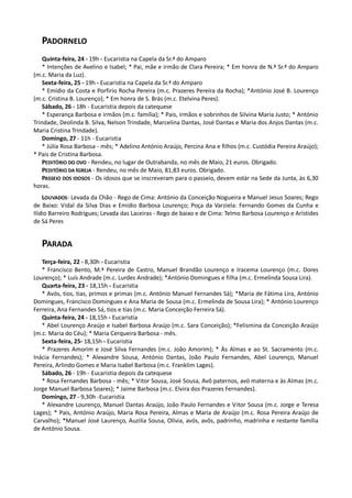 PADORNELO
    Quinta-feira, 24 - 19h - Eucaristia na Capela da Sr.ª do Amparo
    * Intenções de Avelino e Isabel; * Pai, mãe e irmão de Clara Pereira; * Em honra de N.ª Sr.ª do Amparo
(m.c. Maria da Luz).
    Sexta-feira, 25 - 19h - Eucaristia na Capela da Sr.ª do Amparo
    * Emídio da Costa e Porfirio Rocha Pereira (m.c. Prazeres Pereira da Rocha); *António José B. Lourenço
(m.c. Cristina B. Lourenço); * Em honra de S. Brás (m.c. Etelvina Peres).
    Sábado, 26 - 18h - Eucaristia depois da catequese
    * Esperança Barbosa e irmãos (m.c. família); * Pais, irmãos e sobrinhos de Silvina Maria Justo; * António
Trindade, Deolinda B. Silva, Nelson Trindade, Marcelina Dantas, José Dantas e Maria dos Anjos Dantas (m.c.
Maria Cristina Trindade).
    Domingo, 27 - 11h - Eucaristia
    * Júlia Rosa Barbosa - mês; * Adelino António Araújo, Percina Ana e filhos (m.c. Custódia Pereira Araújo);
* Pais de Cristina Barbosa.
    PEDITÓRIO DO OVO - Rendeu, no lugar de Outrabanda, no mês de Maio, 21 euros. Obrigado.
    PEDITÓRIO DA IGREJA - Rendeu, no mês de Maio, 81,83 euros. Obrigado.
    PASSEIO DOS IDOSOS - Os idosos que se inscreveram para o passeio, devem estár na Sede da Junta, às 6,30
horas.
    LOUVADOS- Levada da Chão - Rego de Cima: António da Conceição Nogueira e Manuel Jesus Soares; Rego
de Baixo: Vidal da Silva Dias e Emídio Barbosa Lourenço; Poça da Varziela: Fernando Gomes da Cunha e
Ilídio Barreiro Rodrigues; Levada das Laceiras - Rego de baixo e de Cima: Telmo Barbosa Lourenço e Arístides
de Sá Peres


   PARADA
   Terça-feira, 22 - 8,30h - Eucaristia
   * Francisco Bento, M.ª Pereira de Castro, Manuel Brandão Lourenço e Iracema Lourenço (m.c. Dores
Lourenço); * Luís Andrade (m.c. Lurdes Andrade); *António Domingues e filha (m.c. Ermelinda Sousa Lira).
   Quarta-feira, 23 - 18,15h - Eucaristia
   * Avós, tios, tias, primos e primas (m.c. António Manuel Fernandes Sà); *Maria de Fátima Lira, António
Domingues, Francisco Domingues e Ana Maria de Sousa (m.c. Ermelinda de Sousa Lira); * António Lourenço
Ferreira, Ana Fernandes Sá, tios e tias (m.c. Maria Conceição Ferreira Sá).
   Quinta-feira, 24 - 18,15h - Eucaristia
   * Abel Lourenço Araújo e Isabel Barbosa Araújo (m.c. Sara Conceição); *Felismina da Conceição Araújo
(m.c. Maria do Céu); * Maria Cerqueira Barbosa - mês.
   Sexta-feira, 25- 18,15h - Eucaristia
   * Prazeres Amorim e José Silva Fernandes (m.c. João Amorim); * Às Almas e ao St. Sacramento (m.c.
Inácia Fernandes); * Alexandre Sousa, António Dantas, João Paulo Fernandes, Abel Lourenço, Manuel
Pereira, Arlindo Gomes e Maria Isabel Barbosa (m.c. Franklim Lages).
   Sábado, 26 - 19h - Eucaristia depois da catequese
   * Rosa Fernandes Barbosa - mês; * Vitor Sousa, José Sousa, Avô paternos, avó materna e às Almas (m.c.
Jorge Manuel Barbosa Soares); * Jaime Barbosa (m.c. Elvira dos Prazeres Fernandes).
   Domingo, 27 - 9,30h -Eucaristia
   * Alexandre Lourenço, Manuel Dantas Araújo, João Paulo Fernandes e Vitor Sousa (m.c. Jorge e Teresa
Lages); * Pais, António Araújo, Maria Rosa Pereira, Almas e Maria de Araújo (m.c. Rosa Pereira Araújo de
Carvalho); *Manuel José Laurenço, Auzilia Sousa, Olívia, avós, avôs, padrinho, madrinha e restante família
de António Sousa.
 