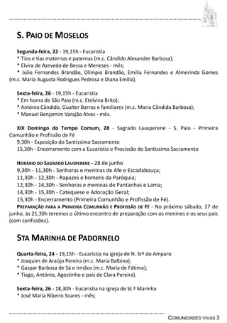 ................................................................................................................................
................................................................................................
COMUNIDADES VIVAS 3
S. PAIO DE MOSELOS
Segunda-feira, 22 - 19,15h - Eucaristia
* Tios e tias maternas e paternas (m.c. Cândido Alexandre Barbosa);
* Elvira de Azevedo de Bessa e Meneses - mês;
* Júlio Fernandes Brandão, Olímpio Brandão, Emília Fernandes e Almerinda Gomes
(m.c. Maria Augusta Rodrigues Pedrosa e Diana Emília).
Sexta-feira, 26 - 19,15h - Eucaristia
* Em honra de São Paio (m.c. Etelvina Brito);
* António Cândido, Gualter Barros e familiares (m.c. Maria Cândida Barbosa);
* Manuel Benjamim Varajão Alves - mês.
XIII Domingo do Tempo Comum, 28 - Sagrado Lausperene - S. Paio - Primeira
Comunhão e Profissão de Fé
9,30h - Exposição do Santíssimo Sacramento
15,30h - Encerramento com a Eucaristia e Procissão do Santíssimo Sacramento
HORÁRIO DO SAGRADO LAUSPERENE - 28 de junho
9,30h - 11,30h - Senhoras e meninas de Afe e Escadabouça;
11,30h - 12,30h - Rapazes e homens da Paróquia;
12,30h - 14,30h - Senhoras e meninas de Pantanhas e Lama;
14,30h - 15,30h - Catequese e Adoração Geral;
15,30h - Encerramento (Primeira Comunhão e Profissão de Fé).
PREPARAÇÃO PARA A PRIMEIRA COMUNHÃO E PROFISSÃO DE FÉ - No próximo sábado, 27 de
junho, às 21,30h teremos o último encontro de preparação com os meninos e os seus pais
(com confissões).
STA MARINHA DE PADORNELO
Quarta-feira, 24 - 19,15h - Eucaristia na igreja de N. Srª do Amparo
* Joaquim de Araújo Pereira (m.c. Maria Balbina);
* Gaspar Barbosa de Sá e irmãos (m.c. Maria de Fátima);
* Tiago, António, Agostinho e pais de Clara Pereira).
Sexta-feira, 26 - 18,30h - Eucaristia na igreja de St.ª Marinha
* José Maria Ribeiro Soares - mês;
 
