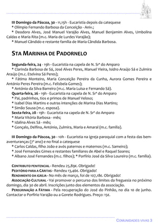 ................................................................................................................................
................................................................................................
COMUNIDADES VIVAS 3
III Domingo da Páscoa, 30 - 11,15h - Eucaristia depois da catequese
* Olímpio Fernando Barbosa da Conceição - Aniv.;
* Deodoro Alves, José Manuel Varajão Alves, Manuel Benjamim Alves, Umbolina
Caldas e Maria Rita (m.c. Maria de Lurdes Varajão);
* Manuel Cândido e restante família de Maria Cândida Barbosa.
STA MARINHA DE PADORNELO
Segunda-feira, 24 - 19h - Eucaristia na capela de N. Srª do Amparo
* Clarinda Barbosa de Sá, José Alves Peres, Manuel Vieira, Isidro Araújo Sá e Zulmira
Araújo (m.c. Etelvina Sá Peres);
* Fátima Monteiro, Maria Conceição Pereira da Cunha, Aurora Gomes Pereira e
António Peres Pereira (m.c. Felisbela Gomes);
* António da Silva Barreiro (m.c. Maria Luísa e Fernando Sá).
Quarta-feira, 26 - 19h - Eucaristia na capela de N. Srª do Amparo
* Pai, padrinhos, tios e primos de Manuel Veloso;
* Isabel Dias Martins e outras intenções de Marina Dias Martins;
* Simão Sousa (m.c. esposa).
Sexta-feira, 28 - 19h - Eucaristia na capela de N. Srª do Amparo
* Maria Vitória Barbosa - mês;
* Idalina Alves Sá - mês;
* Gonçalo, Delfina, António, Zulmira, Maria e Amaral (m.c. família).
III Domingo da Páscoa, 30 - 10h - Eucaristia na igreja paroquial com a festa das bem-
aventuranças (7º ano) e no final a catequese
* Carlos Caldas, filho João e avós paternos e maternos (m.c. Sameiro);
* José Fernandes Gimes e restantes familiares de Abel e Raquel Soares;
* Albano José Fernandes (m.c. filhos); * Porfírio José da Silva Loureiro (m.c. família).
CONTRIBUTO PENITENCIAL - Rendeu 25,89€. Obrigado!
PEDITÓRIO PARA A CÁRITAS - Rendeu 13,46€. Obrigado!
RENDIMENTO DA IGREJA - No mês de março, foi de 107,18€. Obrigado!
ASSOCIAÇÃO CULTURAL - Vai promover o percurso dos limites da freguesia no próximo
domingo, dia 30 de abril. Inscrições junto dos elementos da associação.
PEREGRINAÇÃO A FÁTIMA - Pela recuperação do José do Pinhão, no dia 10 de junho.
Contactar o Porfírio Varajão ou a Gorete Rodrigues. Preço: 15€.
 