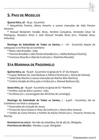 ................................................................................................................................
................................................................................................
COMUNIDADES VIVAS 3
S. PAIO DE MOSELOS
Quarta-feira, 28 - 18,45 - Eucaristia
* Requelinda Pereira, Aleixo Amorim e outras intenções de Aida Pereira
Amorim;
* Manuel Benjamim Varajão Alves, António Gonçalves, Armando César Sá
Rodrigues, Deodoro Alves e José Manuel Varajão Alves (m.c. Piedade Alves
Antunes).
Domingo da Solenidade de Todos os Santos, 1 - 11h - Eucaristia depois da
catequese e no final ida ao Cemitério
* Maria Júlia Brandão - mês;
* Vitorino Brandão e Júlio Pereira Brandão (m.c. Adélia Barbosa Pereira);
* Francisca Mourão e Abel da Cunha (m.c. Martinha Mourão).
STA MARINHA DE PADORNELO
Quinta-feira, 29 - 18,45h - Eucaristia na igreja de N. Srª do Amparo
* Gaspar Barbosa Sá, José Barbosa e Palmira Pereira (m.c. Maria de Fátima);
* Isabel Dias Martins e outras intenções de Marina Dias Martins);
* Cristina Varajão da Silva, pais e irmãos (m.c. Manuel Barbosa Sá).
Sexta-feira, 30 - 18,45h - Eucaristia na igreja de St.ª Marinha
* Porfírio José da Silva Loureiro - mês;
* Às Almas (m.c. encarregado das Alminhas de Lamarigo).
Domingo da Solenidade de Todos os Santos, 1 - 9,30h - Eucaristia, ida ao
Cemitério e no final a catequese
* Associados do Coração de Jesus;
* Pureza de Jesus Soares e Artur da Cunha (m.c. Maria Alice Soares);
* Emídio da Costa Pereira e Porfírio da Rocha Pereira (m.c. Prazeres Pereira da
Rocha).
RENDIMENTO DA IGREJA - No mês de setembro, foi de 48,15€. Obrigado.
PEDITÓRIO DAS MISSÕES - Rendeu 27,54€. Obrigado!
 