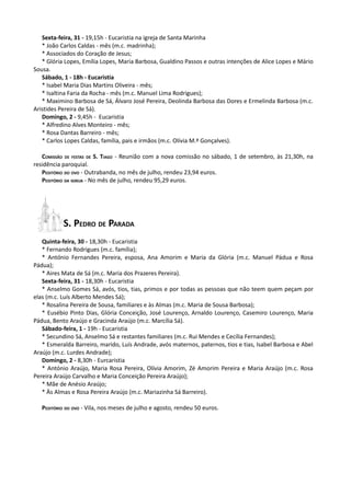 Sexta-feira, 31 - 19,15h - Eucaristia na igreja de Santa Marinha
   * João Carlos Caldas - mês (m.c. madrinha);
   * Associados do Coração de Jesus;
   * Glória Lopes, Emília Lopes, Maria Barbosa, Gualdino Passos e outras intenções de Alice Lopes e Mário
Sousa.
   Sábado, 1 - 18h - Eucaristia
   * Isabel Maria Dias Martins Oliveira - mês;
   * Isaltina Faria da Rocha - mês (m.c. Manuel Lima Rodrigues);
   * Maximino Barbosa de Sá, Álvaro José Pereira, Deolinda Barbosa das Dores e Ermelinda Barbosa (m.c.
Aristides Pereira de Sá).
   Domingo, 2 - 9,45h - Eucaristia
   * Alfredino Alves Monteiro - mês;
   * Rosa Dantas Barreiro - mês;
   * Carlos Lopes Caldas, família, pais e irmãos (m.c. Olívia M.ª Gonçalves).

   COMISSÃO DE FESTAS DE S. TIAGO - Reunião com a nova comissão no sábado, 1 de setembro, às 21,30h, na
residência paroquial.
   PEDITÓRIO DO OVO - Outrabanda, no mês de julho, rendeu 23,94 euros.
   PEDITÓRIO DA IGREJA - No mês de julho, rendeu 95,29 euros.




           S. PEDRO DE PARADA
   Quinta-feira, 30 - 18,30h - Eucaristia
   * Fernando Rodrigues (m.c. família);
   * António Fernandes Pereira, esposa, Ana Amorim e Maria da Glória (m.c. Manuel Pádua e Rosa
Pádua);
   * Aires Mata de Sá (m.c. Maria dos Prazeres Pereira).
   Sexta-feira, 31 - 18,30h - Eucaristia
   * Anselmo Gomes Sá, avós, tios, tias, primos e por todas as pessoas que não teem quem peçam por
elas (m.c. Luís Alberto Mendes Sá);
   * Rosalina Pereira de Sousa, familiares e às Almas (m.c. Maria de Sousa Barbosa);
   * Eusébio Pinto Dias, Glória Conceição, José Lourenço, Arnaldo Lourenço, Casemiro Lourenço, Maria
Pádua, Bento Araújo e Gracinda Araújo (m.c. Marcília Sá).
   Sábado-feira, 1 - 19h - Eucaristia
   * Secundino Sá, Anselmo Sá e restantes familiares (m.c. Rui Mendes e Cecília Fernandes);
   * Esmeralda Barreiro, marido, Luís Andrade, avós maternos, paternos, tios e tias, Isabel Barbosa e Abel
Araújo (m.c. Lurdes Andrade);
   Domingo, 2 - 8,30h - Eurcaristia
   * António Araújo, Maria Rosa Pereira, Olívia Amorim, Zé Amorim Pereira e Maria Araújo (m.c. Rosa
Pereira Araújo Carvalho e Maria Conceição Pereira Araújo);
   * Mãe de Anésio Araújo;
   * Às Almas e Rosa Pereira Araújo (m.c. Mariazinha Sá Barreiro).

   PEDITÓRIO DO OVO - Vila, nos meses de julho e agosto, rendeu 50 euros.
 