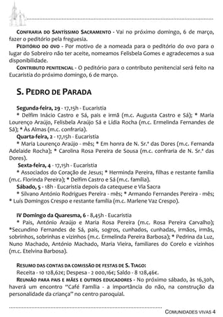................................................................................................................................
................................................................................................
COMUNIDADES VIVAS 4
CONFRARIA DO SANTÍSSIMO SACRAMENTO - Vai no próximo domingo, 6 de março,
fazer o peditório pela freguesia.
PEDITÓRIO DO OVO - Por motivo de a nomeada para o peditório do ovo para o
lugar do Sobreiro não ter aceite, nomeamos Felisbela Gomes e agradecemos a sua
disponibilidade.
CONTRIBUTO PENITENCIAL - O peditório para o contributo penitencial será feito na
Eucaristia do próximo domingo, 6 de março.
S. PEDRO DE PARADA
Segunda-feira, 29 - 17,15h - Eucaristia
* Delfim Inácio Castro e Sá, pais e irmã (m.c. Augusta Castro e Sá); * Maria
Lourenço Araújo, Felisbela Araújo Sá e Lídia Rocha (m.c. Ermelinda Fernandes de
Sá); * Às Almas (m.c. confraria).
Quarta-feira, 2 - 17,15h - Eucaristia
* Maria Lourenço Araújo - mês; * Em honra de N. Sr.ª das Dores (m.c. Fernanda
Adelaide Rocha); * Carolina Rosa Pereira de Sousa (m.c. confraria de N. Sr.ª das
Dores).
Sexta-feira, 4 - 17,15h - Eucaristia
* Associados do Coração de Jesus; * Herminda Pereira, filhas e restante família
(m.c. Florinda Pereira); * Delfim Castro e Sá (m.c. família).
Sábado, 5 - 18h - Eucaristia depois da catequese e Via Sacra
* Silvano António Rodrigues Pereira - mês; * Armando Fernandes Pereira - mês;
* Luís Domingos Crespo e restante família (m.c. Marlene Vaz Crespo).
IV Domingo da Quaresma, 6 - 8,45h - Eucaristia
* Pais, António Araújo e Maria Rosa Pereira (m.c. Rosa Pereira Carvalho);
*Secundino Fernandes de Sá, pais, sogros, cunhados, cunhadas, irmãos, irmãs,
sobrinhos, sobrinhas e vizinhos (m.c. Ermelinda Pereira Barbosa); * Pedrina da Luz,
Nuno Machado, António Machado, Maria Vieira, familiares do Corelo e vizinhos
(m.c. Etelvina Barbosa).
RESUMO DAS CONTAS DA COMISSÃO DE FESTAS DE S. TIAGO:
Receita - 10 128,62€; Despesa - 2 000,16€; Saldo - 8 128,46€.
REUNIÃO PARA PAIS E MÃES E OUTROS EDUCADORES - No próximo sábado, às 16,30h,
haverá um encontro “Café Família - a importância do não, na construção da
personalidade da criança” no centro paroquial.
 